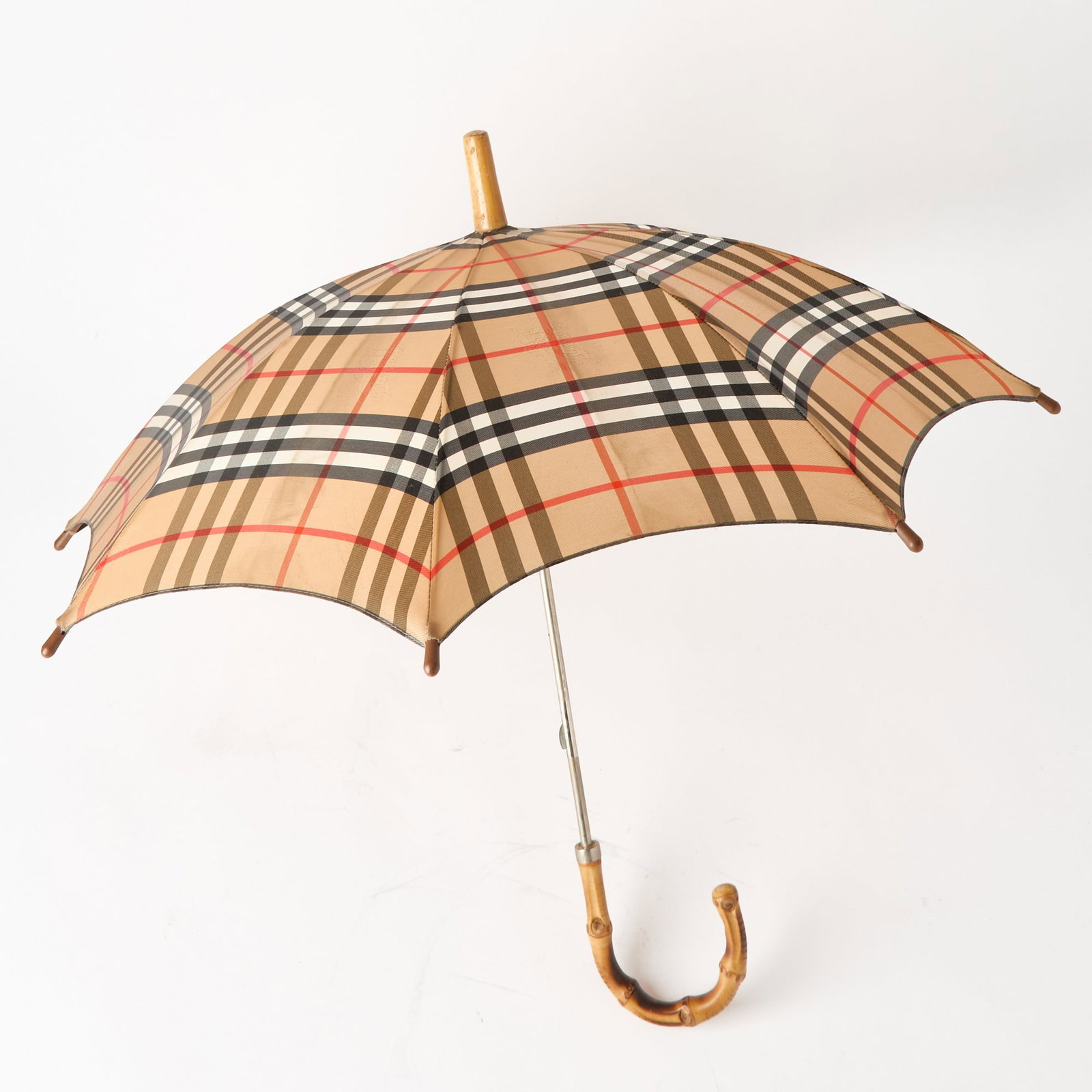 Burberry Polyester Plaid Umbrella: With bamboo handle. Length 21 inches