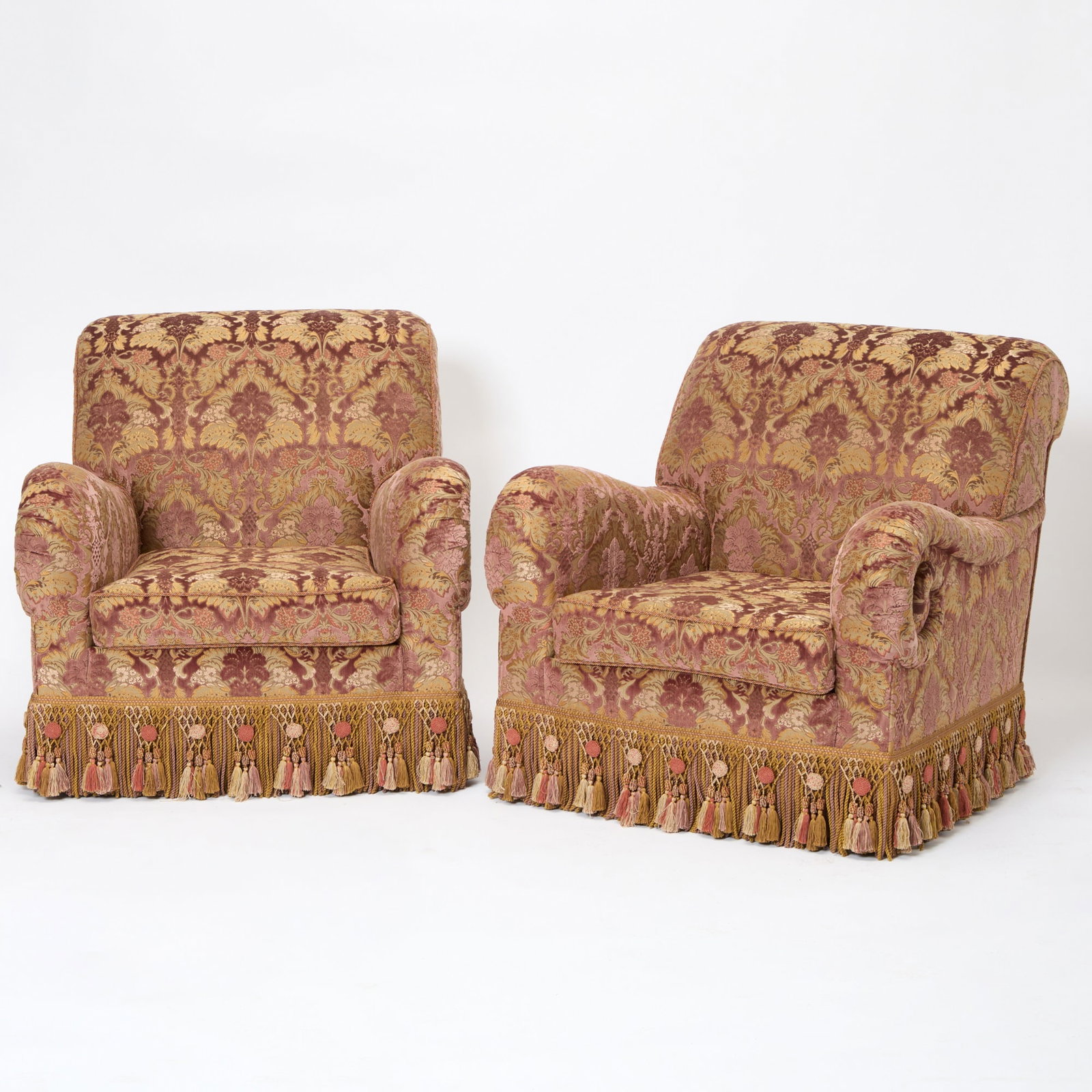 Pair of Purple Velvet Upholstered Club Chairs: Height 36 inches, width 36 inches, depth of seat 24 inches, height of seat 19 inches