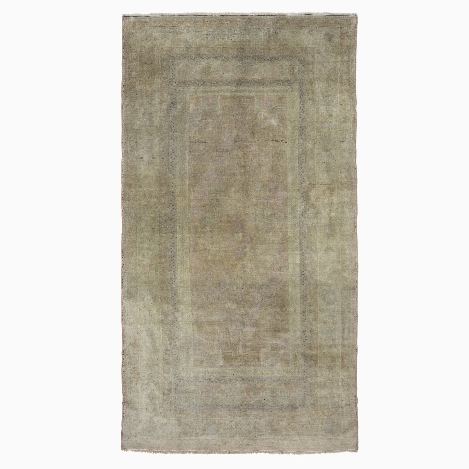 Oushak Carpet: West Turkey, mid-20th century The central stepped medallion on the pale plum field is within a taupe border. (8' 11" x 4' 10") Chemically washed