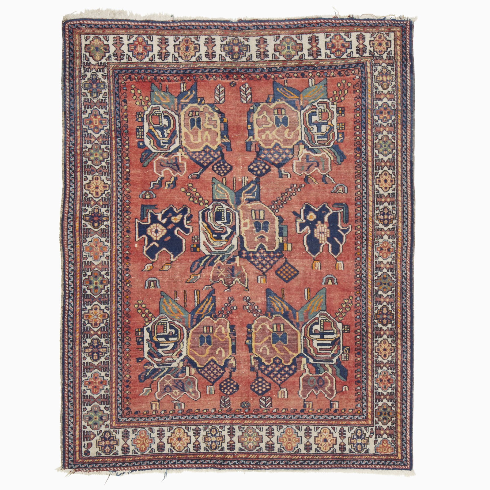 Afshar Rug: Southwest Iran, mid-20th century The madder field with stylized polychrome sprays overall is within an ivory rosette border. (5' 7" x 4' 6") Minor losses to ends, minor wear