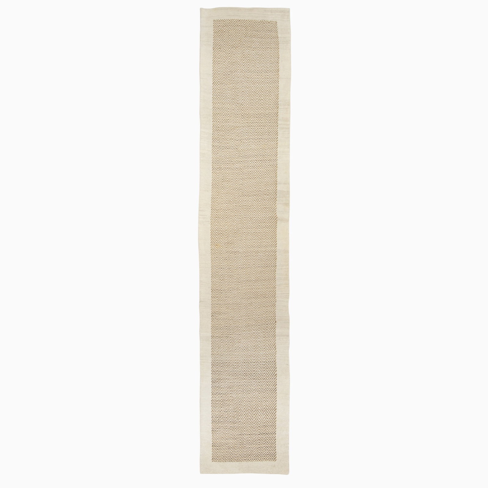 Persian Soumak Runner: Southwest Iran, Contemporary Having an overall chevron pattern in caramel on a buff field. (18' 5" x 3' 6")
