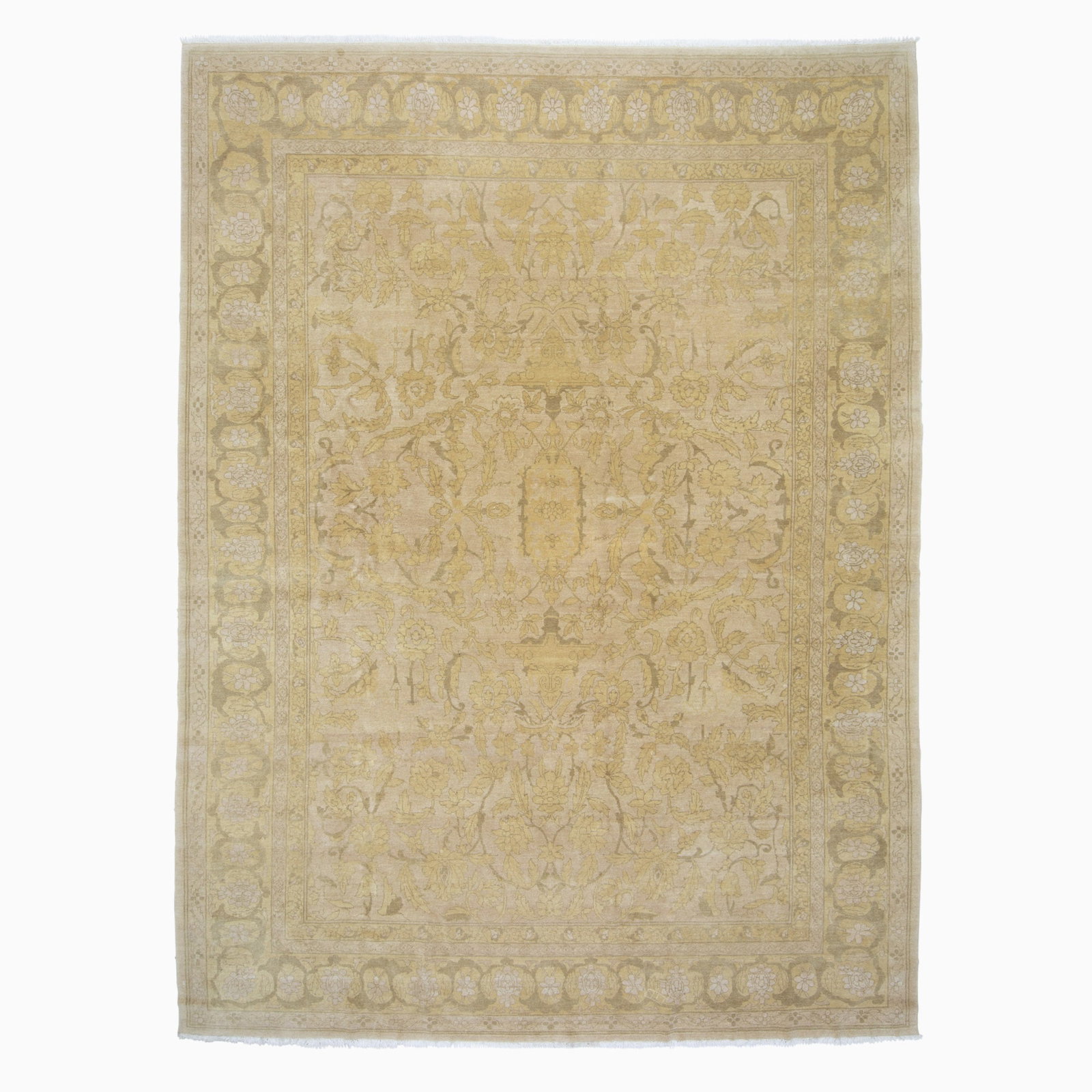 Sultanabad-Style Carpet: China, Contemporary The central medallion flanked by floral vinery on the taupe field is within a palmette and leaf border. Manufactured by Michaelian & Kohlberg. (11' 10" x 8' 10")