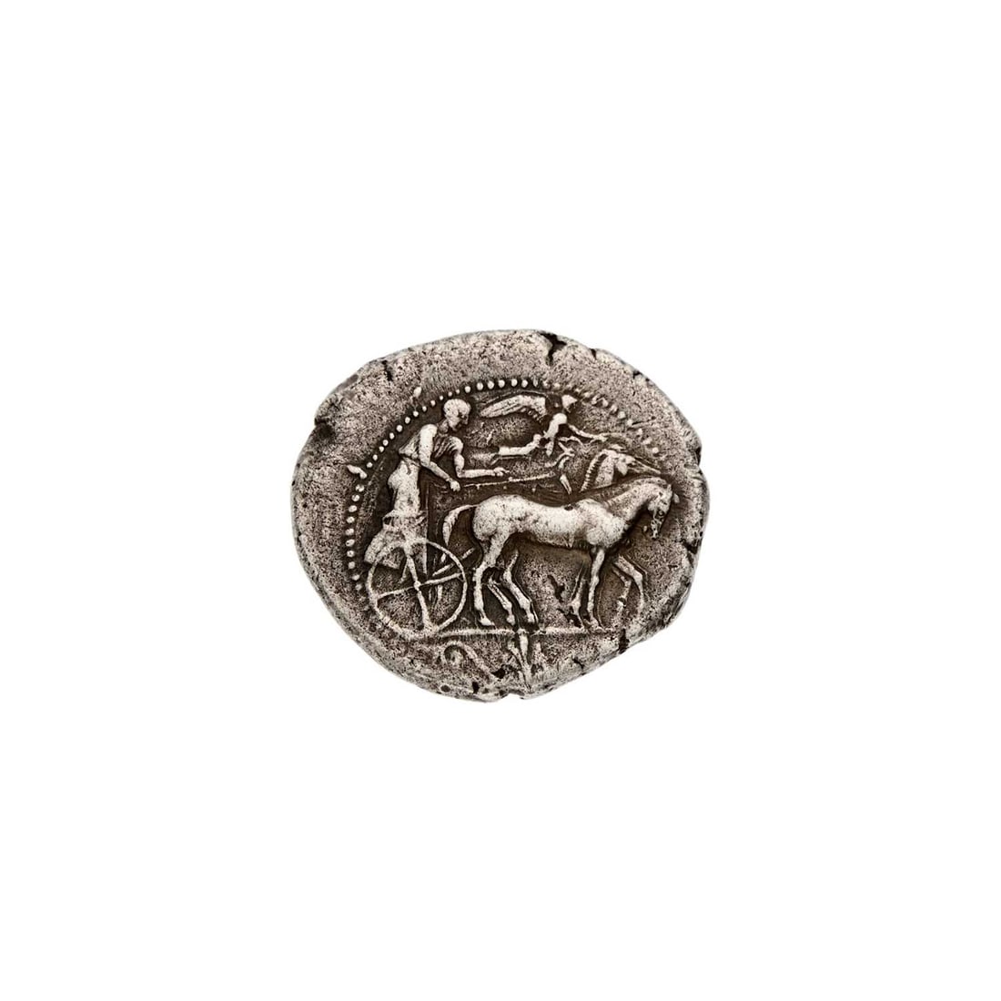 Sicily, Gela. c. 450-440 B.C.E. AR Tetradrachm. 17.18g.: OBV: Quadriga driving right, Nike flying right, above. REV: Foreparts of a bull with a male human head, facing right. A striking motif traditionally associated with the Sicilian city Gela. Slightly of