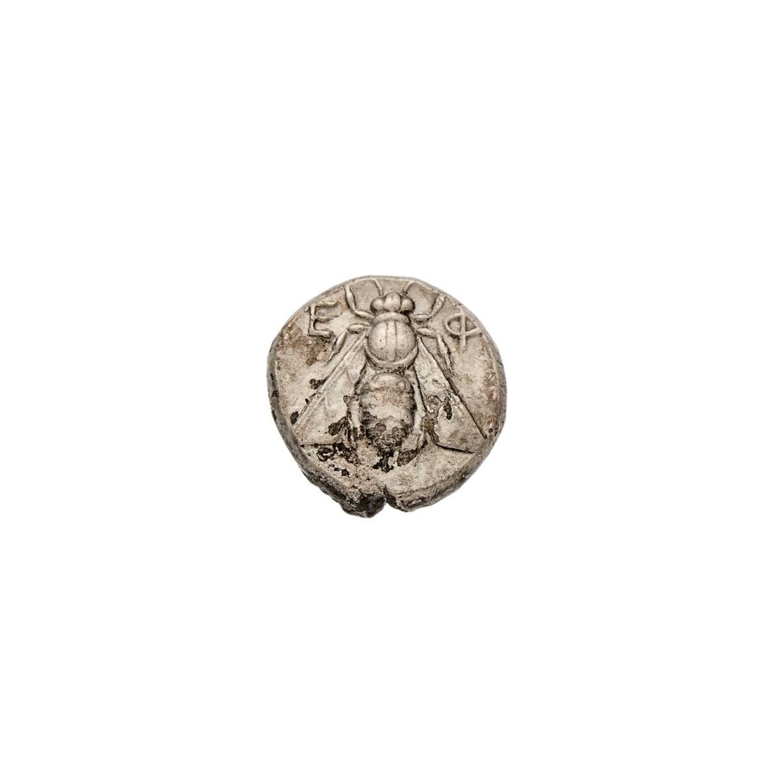 Ionia, Ephesos. c. 350-340 B.C.E. AR Tetradrachm. 14.7g.: OBV: Bee with angular wings, flanked by characters "E" and "F" REV: Forepart of kneeling stag right, head facing left, palm tree behond, magistrate's name OESS[ALOS] Corrosion and oxidation, which rem