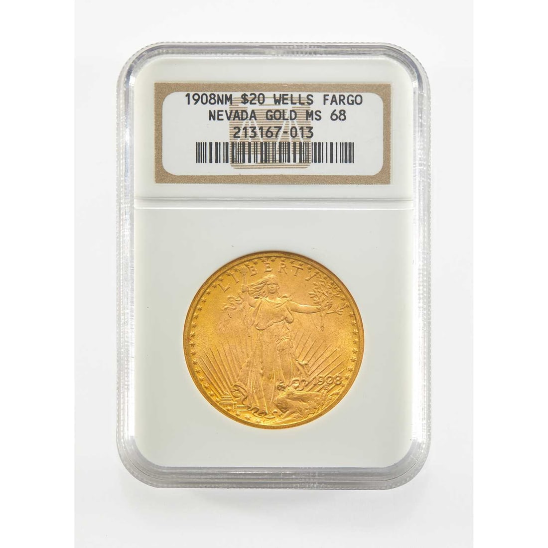 United States. 1908 No Motto St. Gaudens Double Eagle. NGC MS-68, Wells Fargo Hoard. (1 of 4)