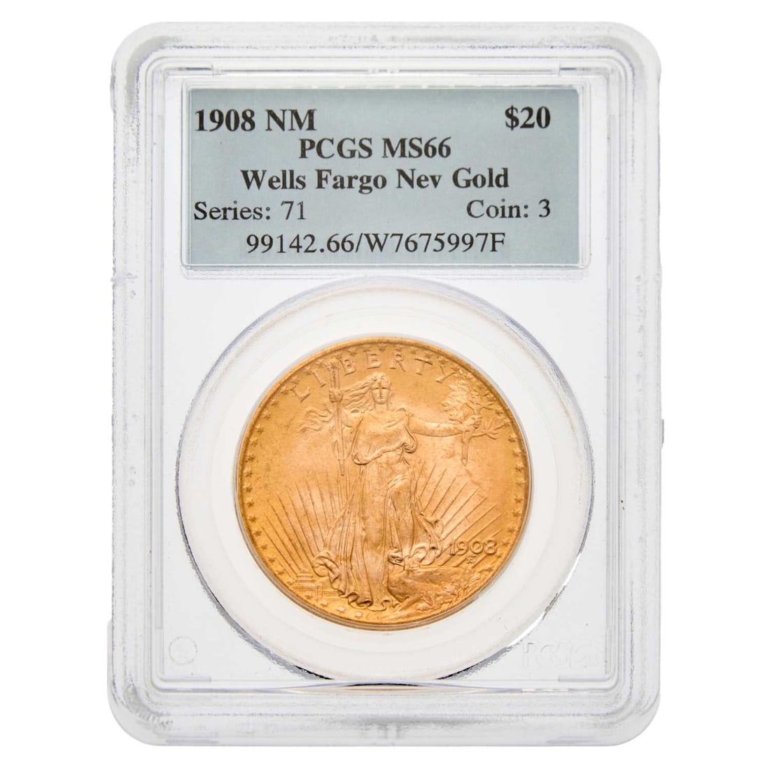 United States. 1908 No Motto Saint Gaudens Double Eagle. PCGS MS-66, Wells Fargo Hoard. (1 of 2)