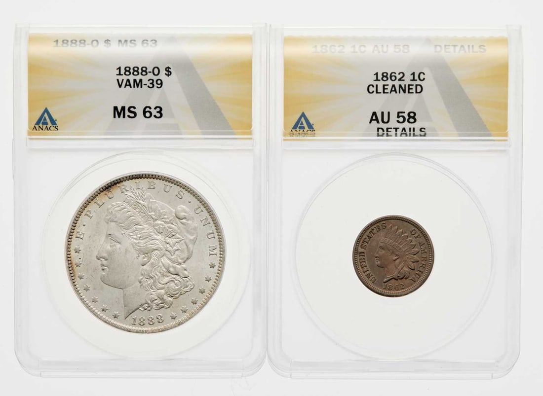 United States. Group of Certified 19th Century Type Coins. Grades Vary.: 1862 Indian Head Cent - ANACS AU-58 Details, Cleaned. 1888-O Morgan Dollar, VAM-39. ANACS MS-63. An interesting VAM variety discovered in 2012, characterized by a slanted date and doubling on the "1" 