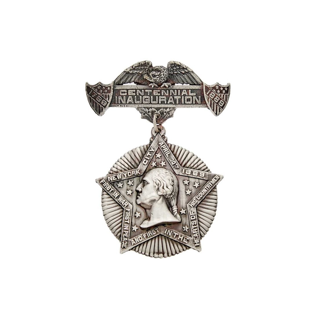United States. 1889 Washington Inauguration Centennial Medal. Silvered Bronze. Musante GW-1144,: An attractive example of a scarce, distinctive issue commemorating the 100th anniversary of Washington's inauguration. Bright coloration and sharp detail. A silvered version of Mustante GW-1144. OBV: 
