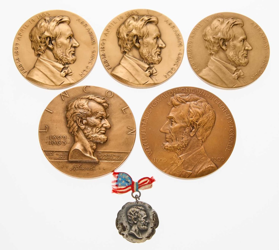 United States. Group of Abraham Lincoln Medals. Grades Vary.: Six pieces, including: 1909 Lincoln Centennial Medal. Bronze. 76mm. By Jos. K. Davison. PVC residue. King-297. 1909 Lincoln Banquet Medal, Grand Rapids Michigan. White Metal. 33mm. Looped for suspenio