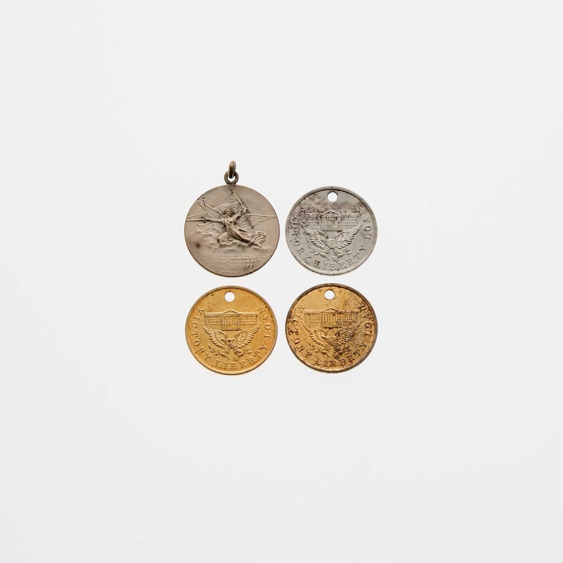 United States and France. Group of WWI-Related Medals. Grades Vary.: Eight pieces, including: United States. Two (2x) different metallic compositions, brass and bronze, of HK-893. Brass example has several obverse rim hits, the bronze example has some translucnet PVC r