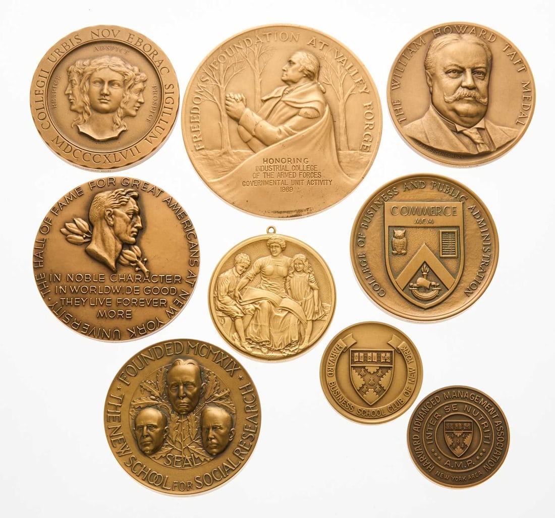 United States. Group of College and University Medals. Bronze. About Uncirculated to Mint State.: 22 pieces, including: 1966 State University of New York at Stony Brook Medal. Bronze. 76mm. Edge marked "MEDALLIC ART C.O. N.Y." 1966 Rutgers Centennial Medalet. Bronze. 26mm. 1960 Hall of Fame for Gr