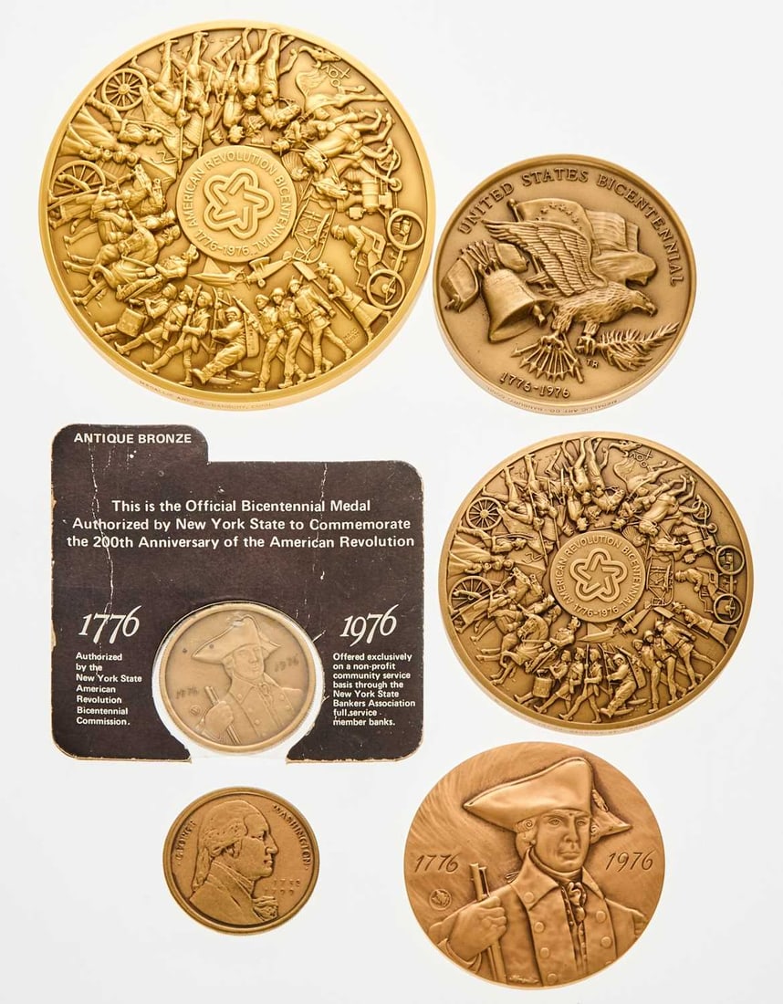 United States. Group of Bicentennial Bronze Medals. Mint State.: Nine pieces. Group of medals commemorating the United States' Bicentennial. Some produced by the U.S. Mint, others by the Medallic Art Company and other private mints. Bicentennial Calendar Medal. Gil