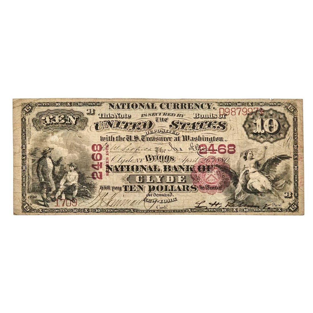 United States, Clyde, New York. Series 1875 Briggs National Bank of Clyde $10 National Bank Note. (1 of 2)
