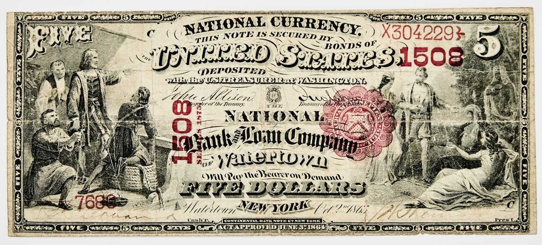 United States, Watertown, NY. Series 1875 National Bank and Loan Company of Watertown $5 National (1 of 2)
