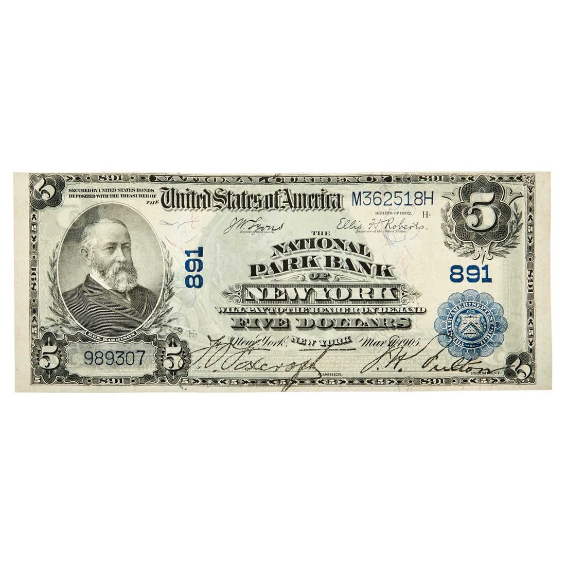 United States, New York. Series 1902 Plain Back, 1905-dated $5 National Bank Note, The National Park (1 of 2)