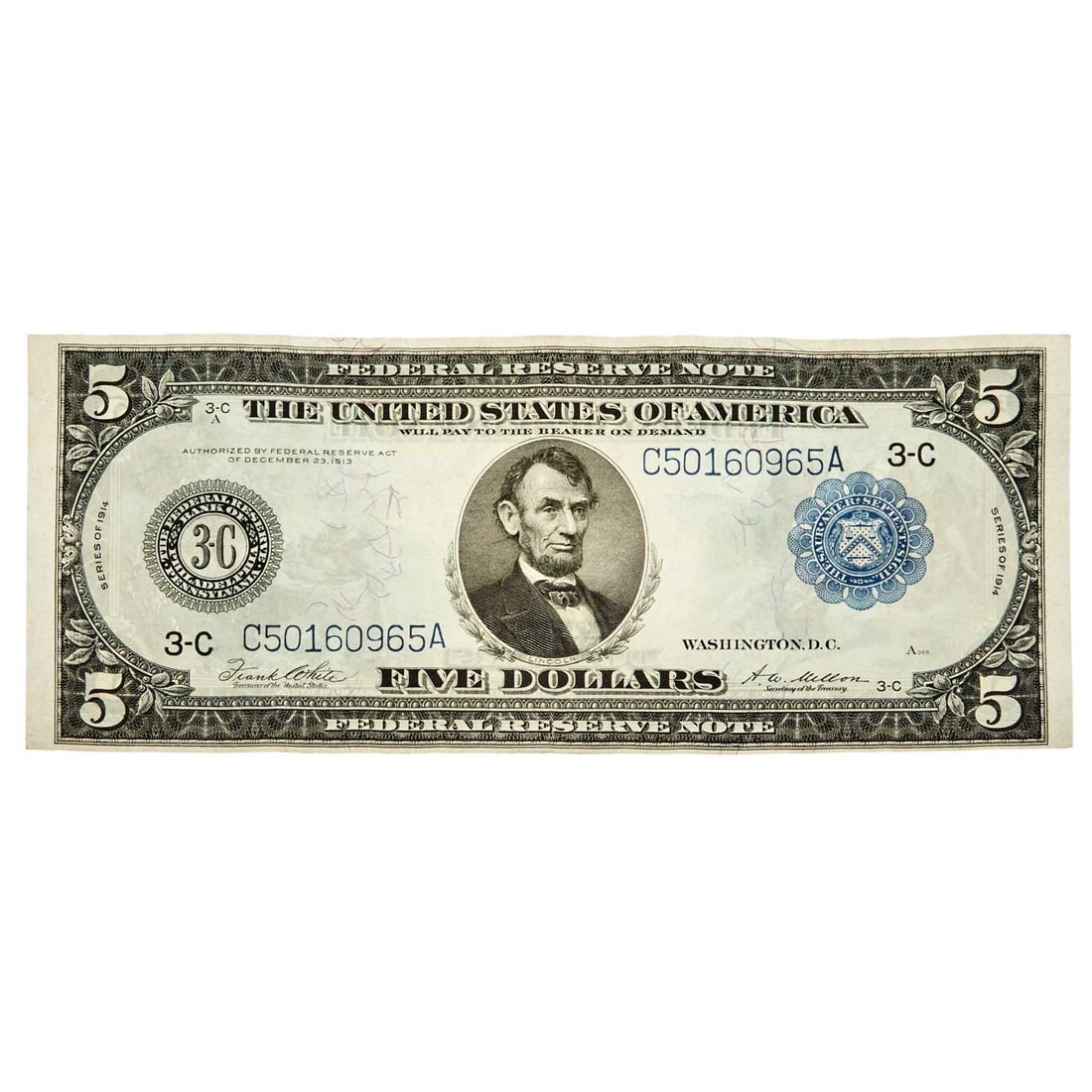 United States. Series 1914 $5 Federal Reserve Note. About Uncirculated. (1 of 2)