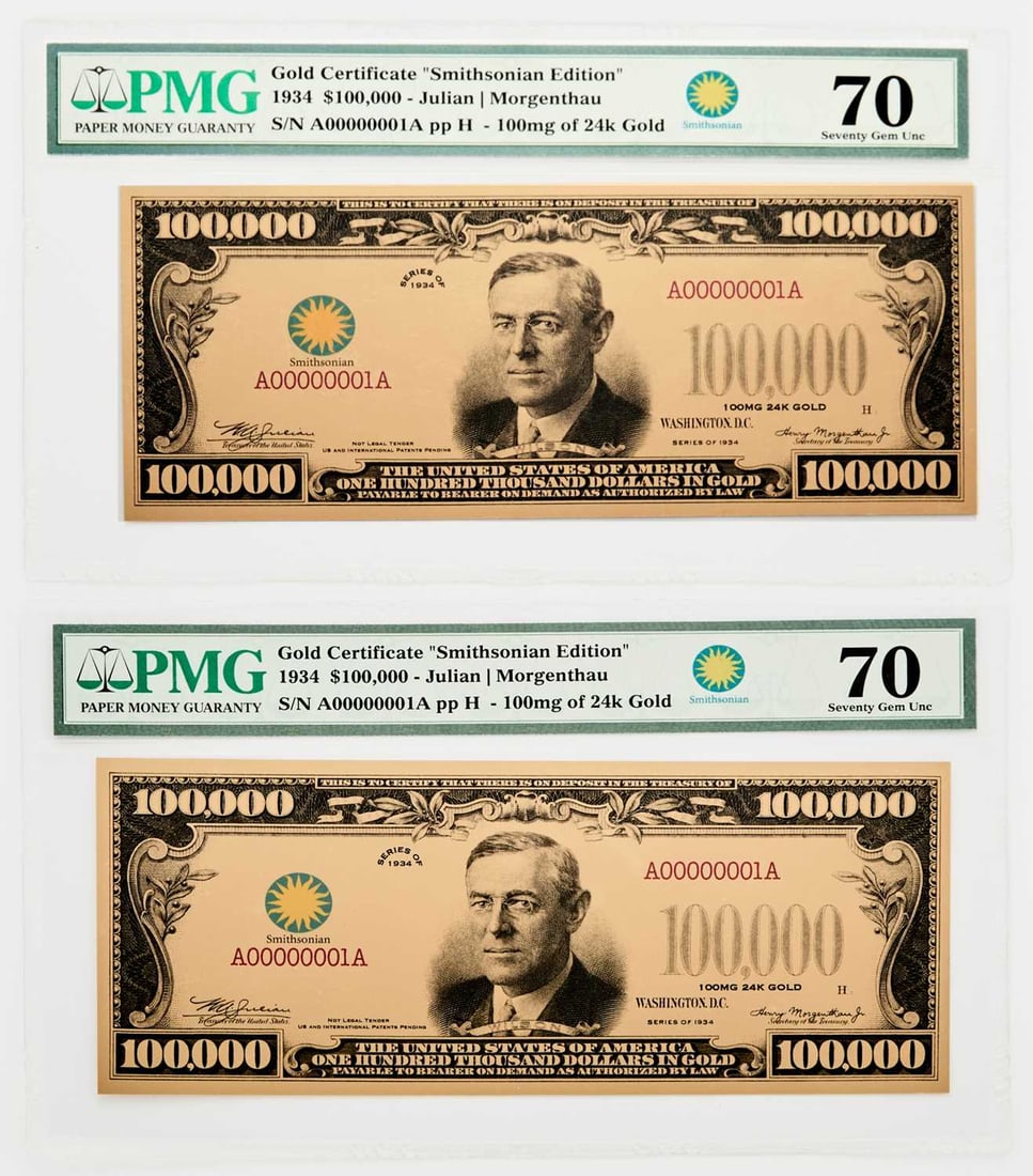 United States. Pair of "Smithsonian Edition" Series 1934 $100,000 Gold Certificates. PMG Gem Unc. 70 (1 of 2)