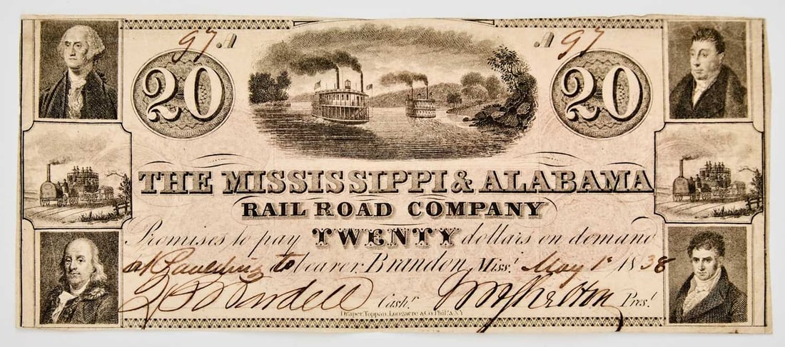 United States. 1838 Mississippi & Alabama Railroad Company $20 Obsolete Banknote. Extremely Fine.: Minor folds around corners, no noticeable pinholes. G16b.