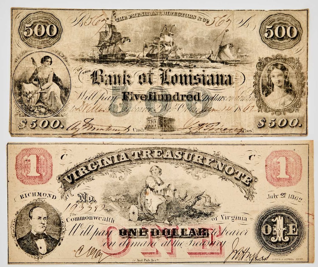 United States, Virginia and Louisiana. Pair of Civil War-Era Obsolete Banknotes. Grades Fine to Very (1 of 2)