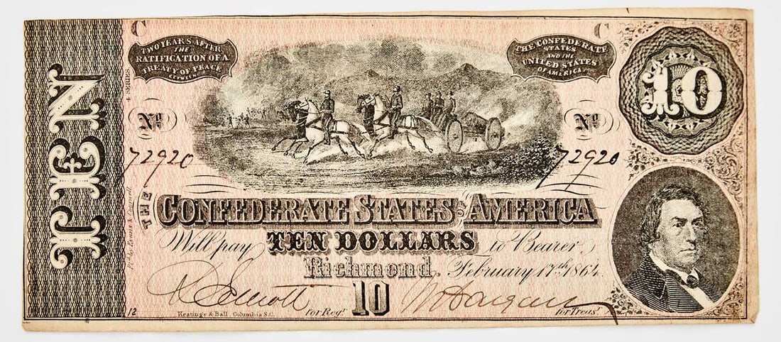 Confederate States of America. 1864 $10 Note. T-68. Extremely Fine with Poem Overprint. (1 of 2)
