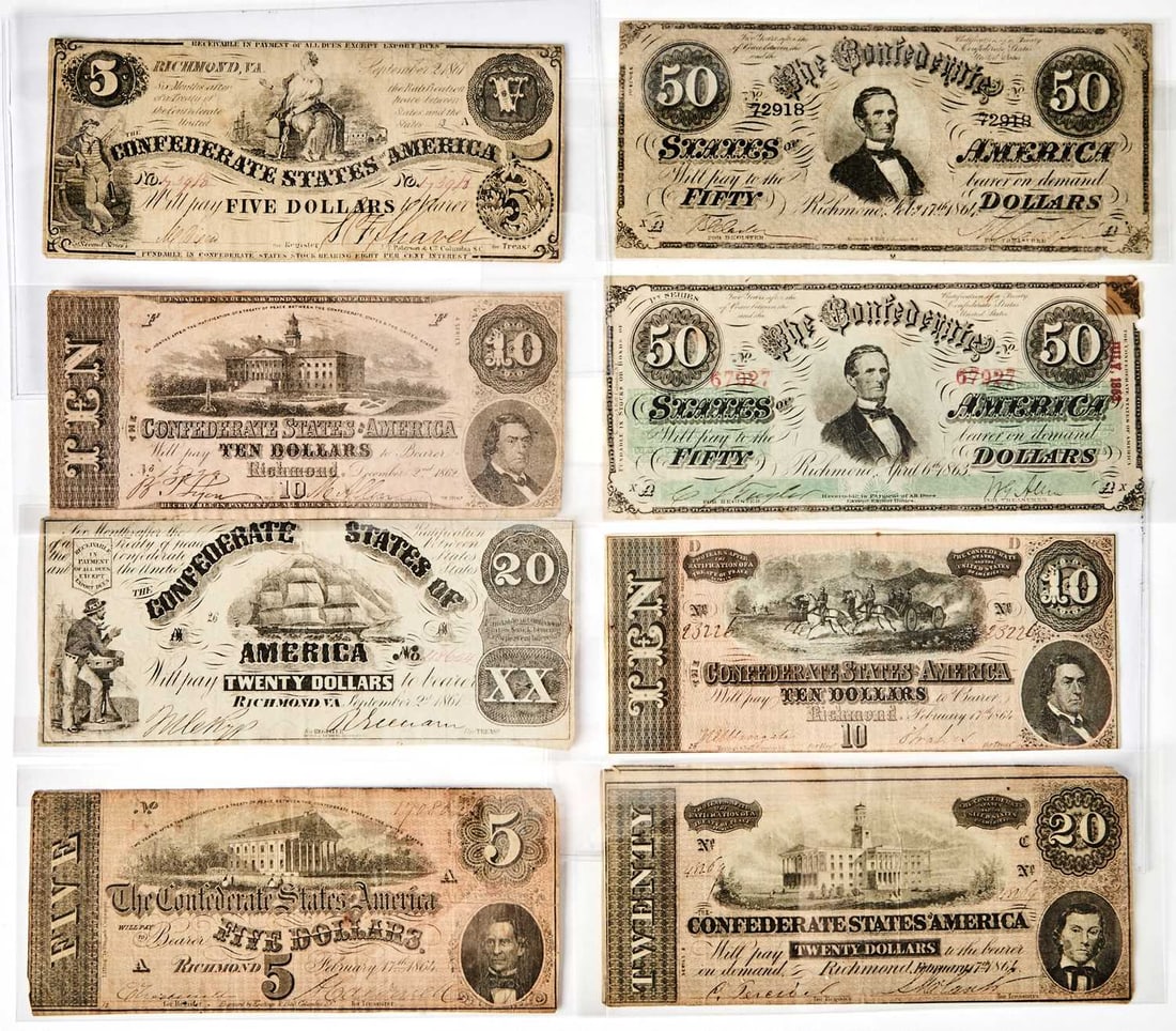 Confederate States of America. Group of Paper Money, Various Denominations. Grades Vary. (1 of 4)