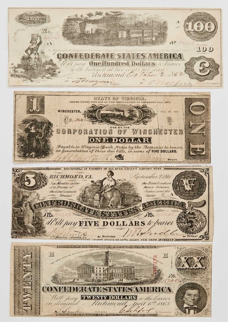 Confederate States of America. Group of Paper Money. Grades Vary. (1 of 2)