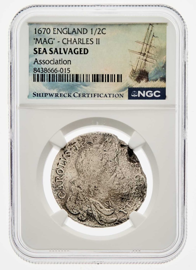 Great Britain. 1670 Half Crown. NGC Sea Salvaged - Association Fleet.: Four ships of Admiral Cloudesley Shovell's fleet, including the flagship Association, foundered in a storm around the Isles of Scilly in 1707 returning from a Mediterranean military campaign. The Asso