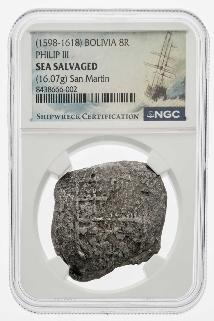 Bolivia. c. 1598-1618 Eight Reales. NGC Sea Salvaged - San Martin Shipwreck.: The San Martin sank in 1618 off the coast of Cape Canaveral, Florida, consigning many Bolivian cobs like this to the depths. Also known as the "Green Cabin Wreck".