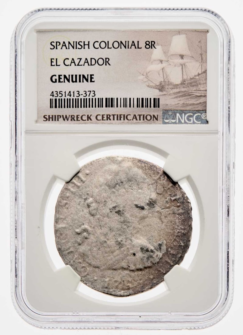 Spanish Colonial Issue. 1783-Mo 8 Reales. NGC Shipwreck Certificatyion, Genuine - El Cazador: The El Cazador, a name familiar to students of colonial North American numimatics, was a Spanish brig that sank in the Gulf of Mexico in January, 1784, bearing vast quantities of silver coins bound fo