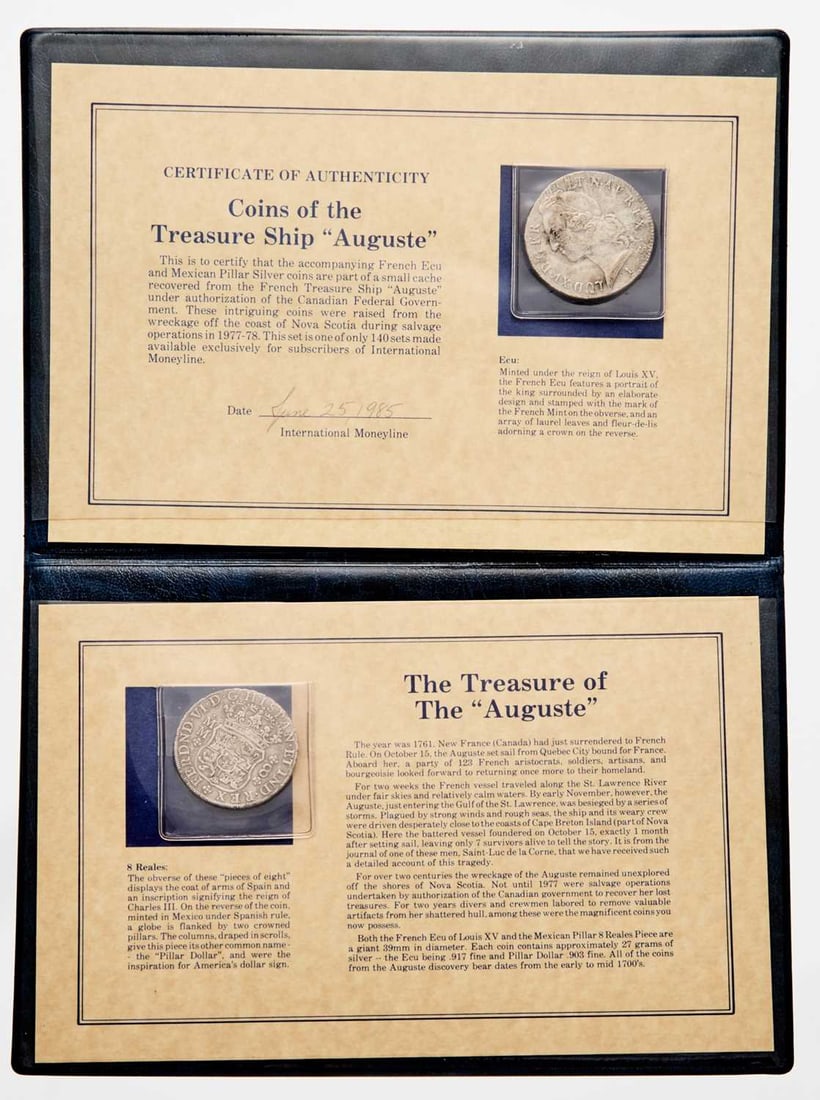Spain and France. Pair of Silver Shipwreck Recovery Coins. Wreck of the Auguste.: 1748 French Ecu and 1757-Mo Spanish Eight reales. Both show evidence of saltwater damage. Recovered from the wreck of the Auguste, a privateer vessel converted to a merchant ship that sank at Cape Bre