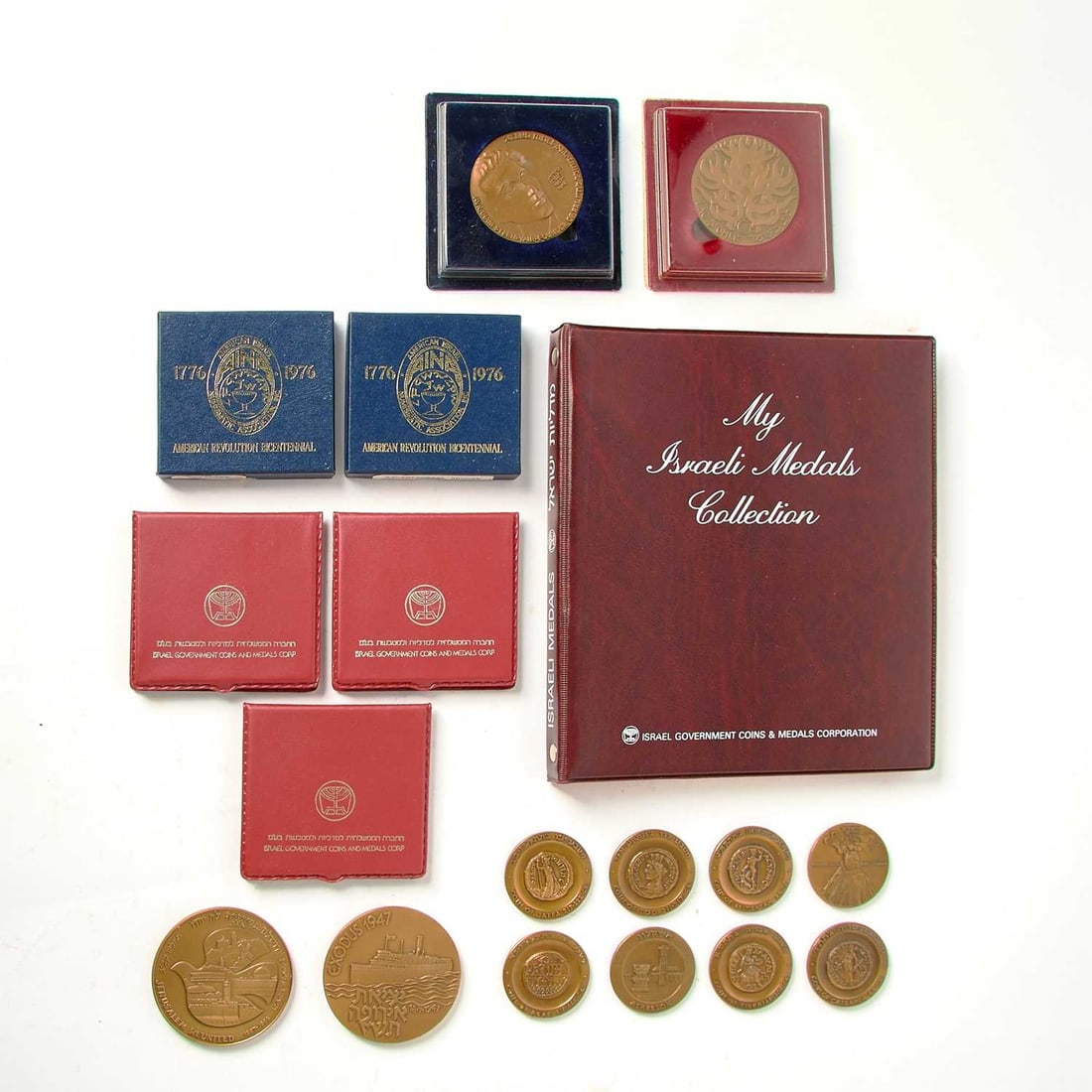Israel. Group of Silver, Bronze Medals. Grades Vary.: Approximately 90 pcs. The medals in this lot commemorate wide range of cultural and military themes, in addition to histrical events, flora, and fauna. Mostly bronze, one silver. This is a sold as is,