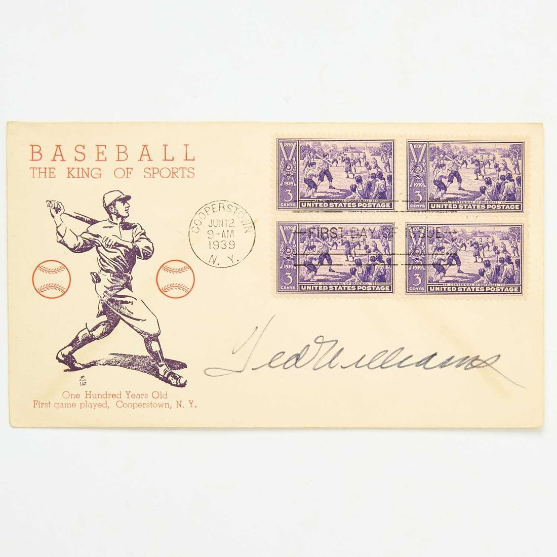 United States. 1939 Baseball Centennial Three-Cent Stamp First Day Cover Signed by Ted Williams. (1 of 1)