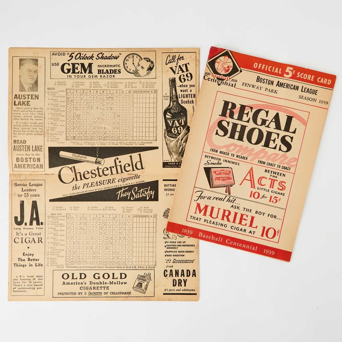 Pair of Fenway Park Official Score Cards, 1938 and 1939.