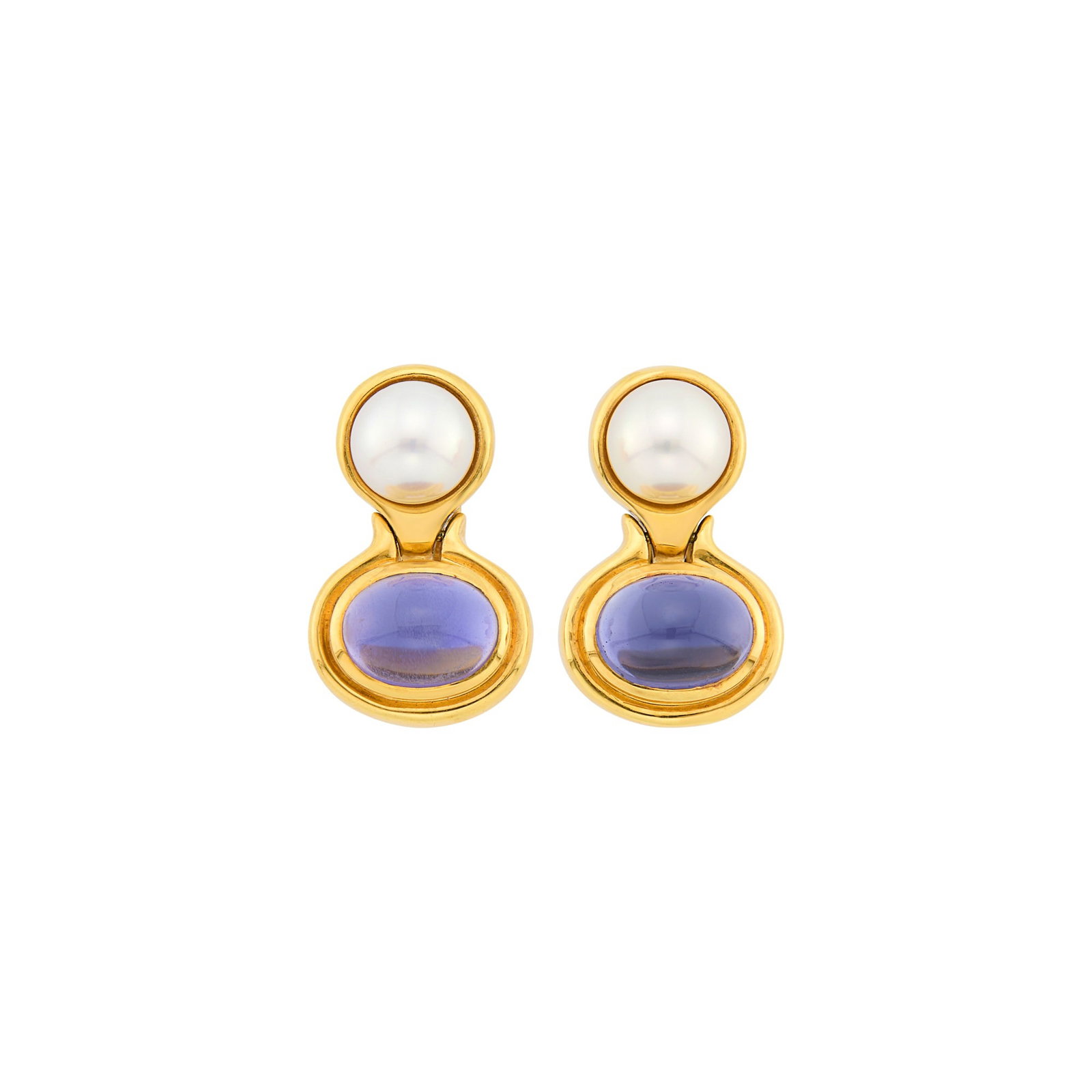Bulgari Pair of Gold, Cultured Pearl and Cabochon Iolite Pendant-Earclips, France: 18 kt., 2 pearls ap. 8.5 mm., 2 oval cabochon iolites ap. 5.00 cts., signed Bulgari, with French assay marks and Italian marks, ap. 13 dwts.