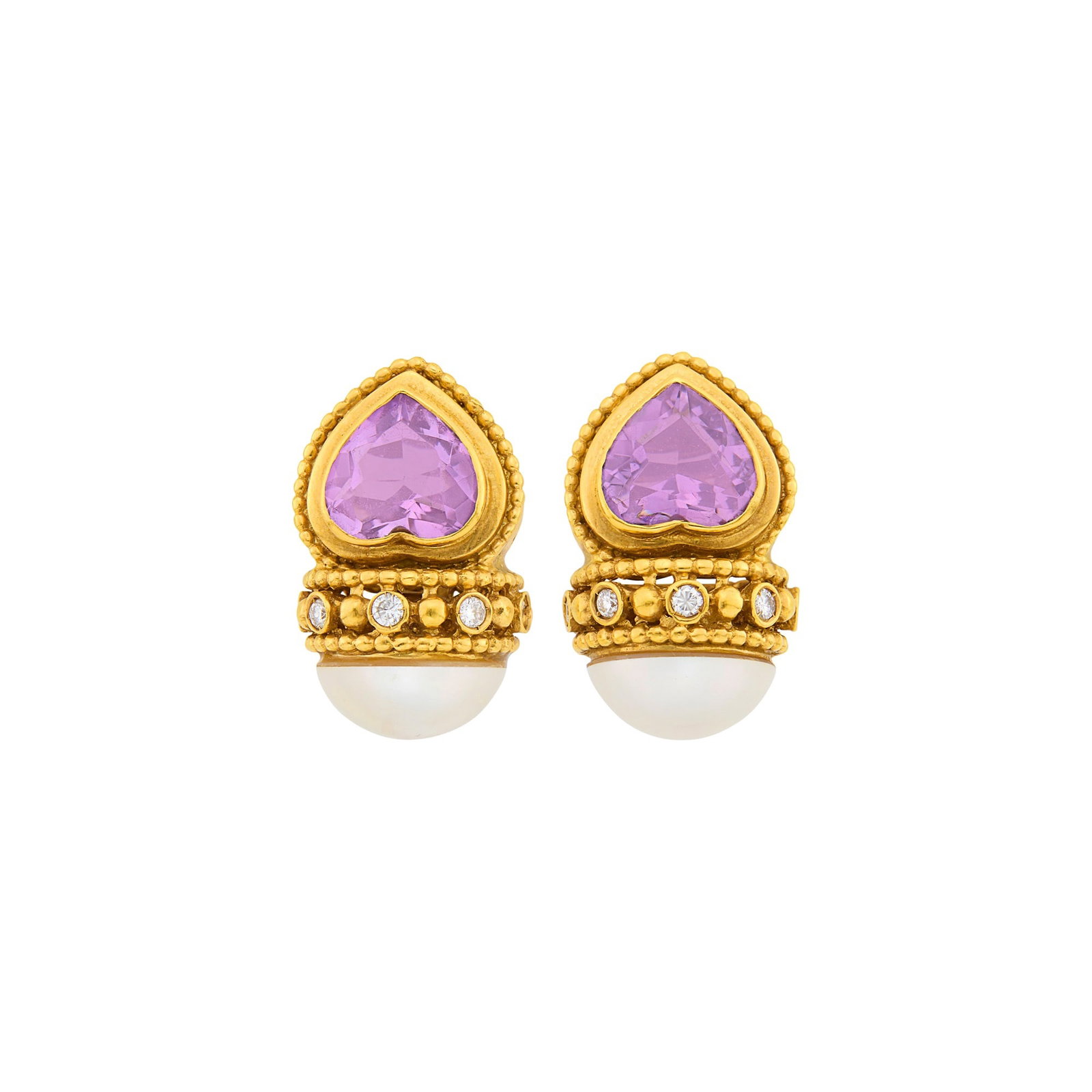 Pair of Gold, Amethyst, Mab? Pearl and Diamond Earclips: 18 kt., 2 heart-shaped amethysts, 2 mab? pearls ap. 12.8 mm., 10 round diamonds ap. .30 ct., with maker's mark, ap. 15.5 dwts. gross.