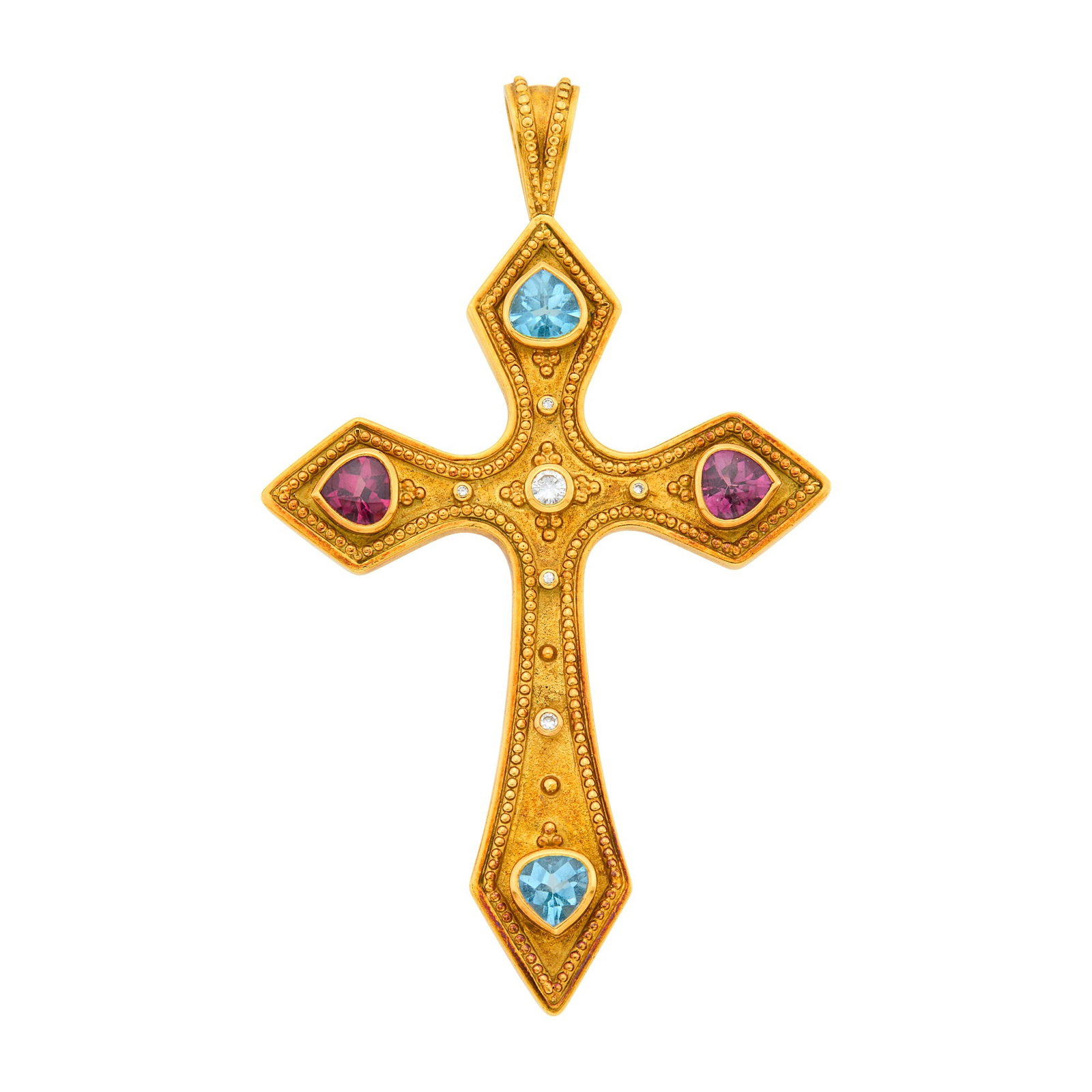 Theo Fennell Gold, Rhodoline Garnet, Blue Topaz and Diamond Cross Pendant: 18 kt., 4 pear-shaped buff-topped cabochon rhodolite garnets and blue topaz, one round diamond, signed Fennell, ap. 18.2 dwts.
