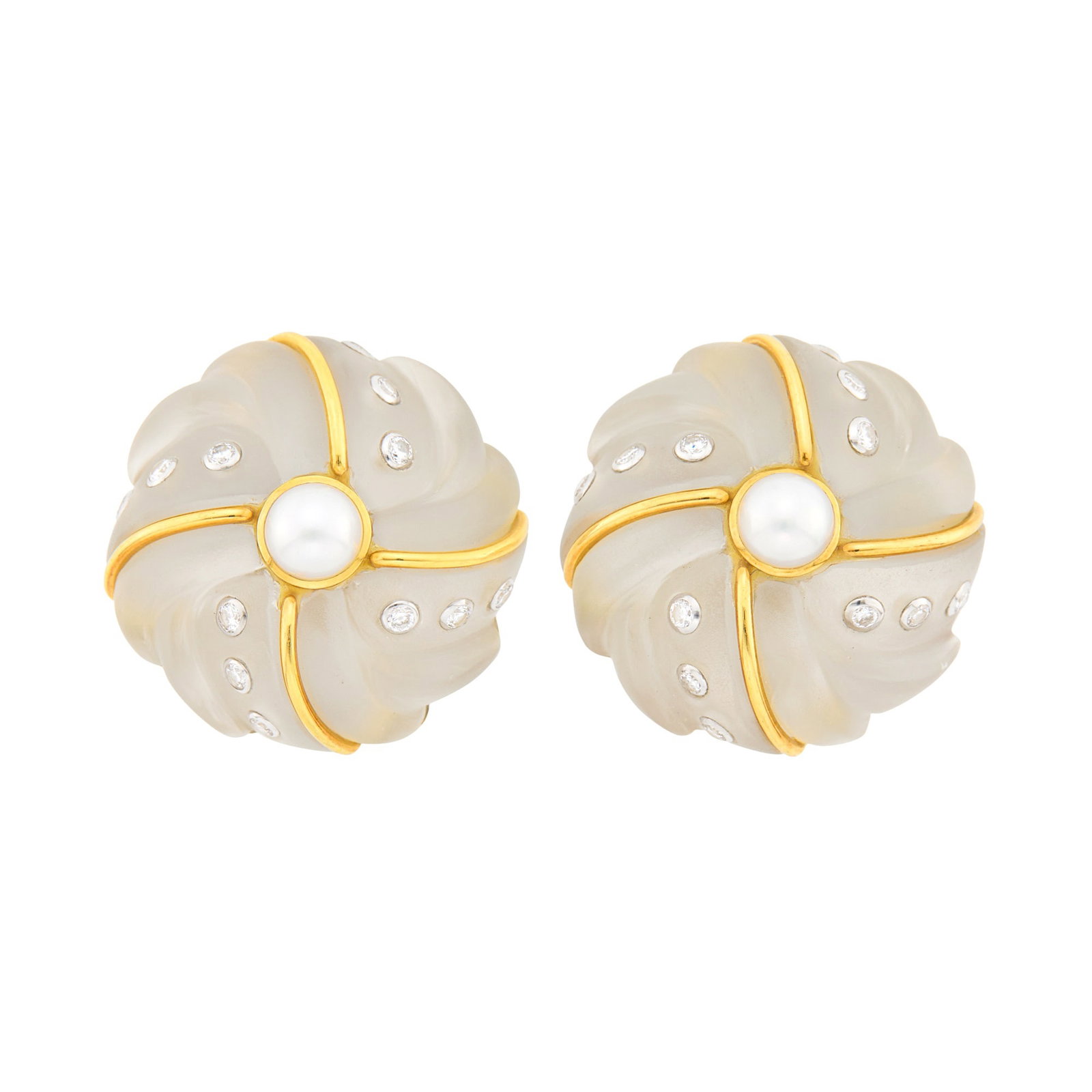 Trianon Pair of Gold, Carved Frosted Rock Crystal, Cultured Pearl and Diamond Earclips (1 of 1)