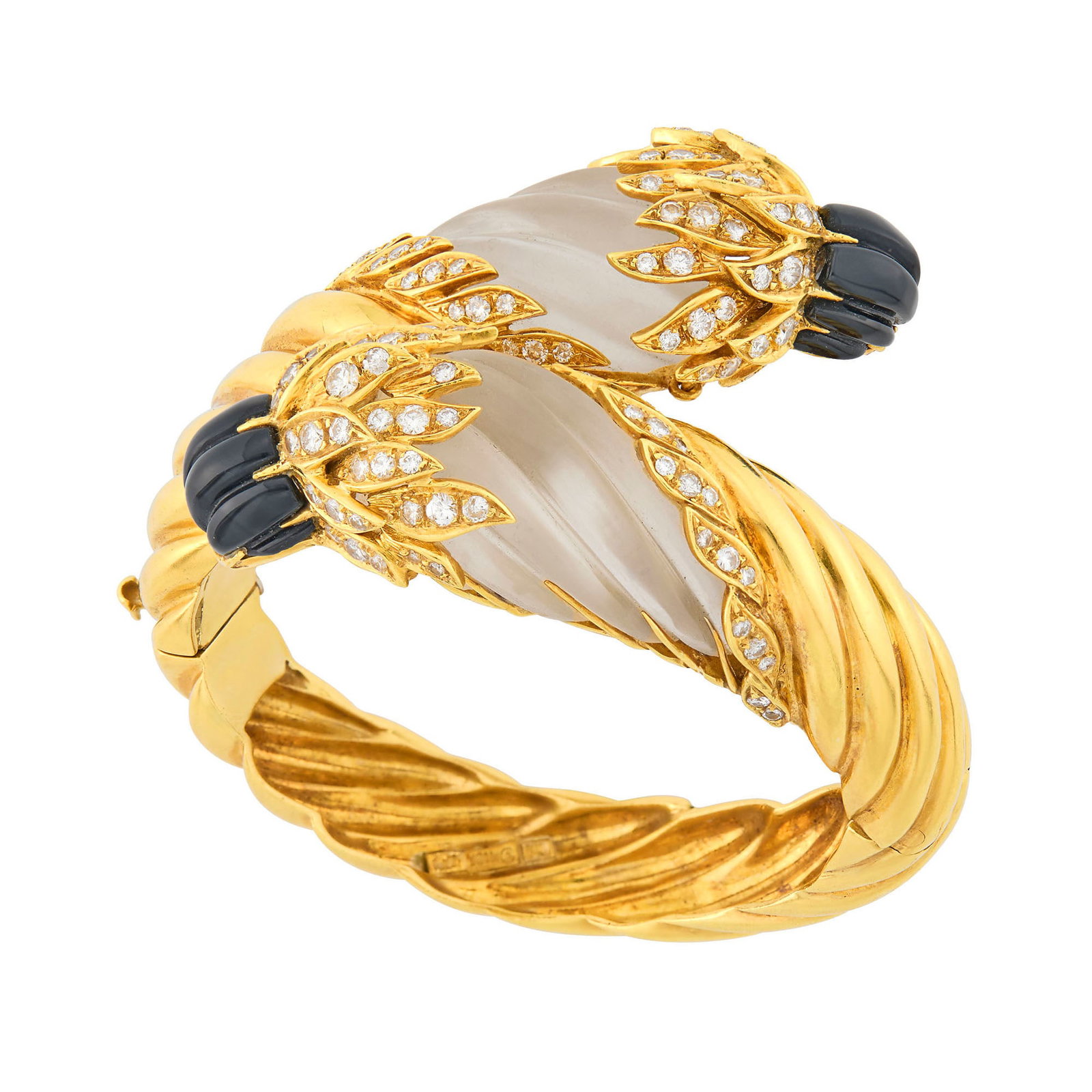 Gold, Fluted Frosted Rock Crystal, Diamond and Black Onyx Crossover Bangle Bracelet: 18 kt., 128 round diamonds ap. 3.75 cts., 2 fluted cabochon black onyx ap. 11.2 mm., with Italian marks, ap. 63.6 dwts. gross. Inner cir. 6 3/8 inches.
