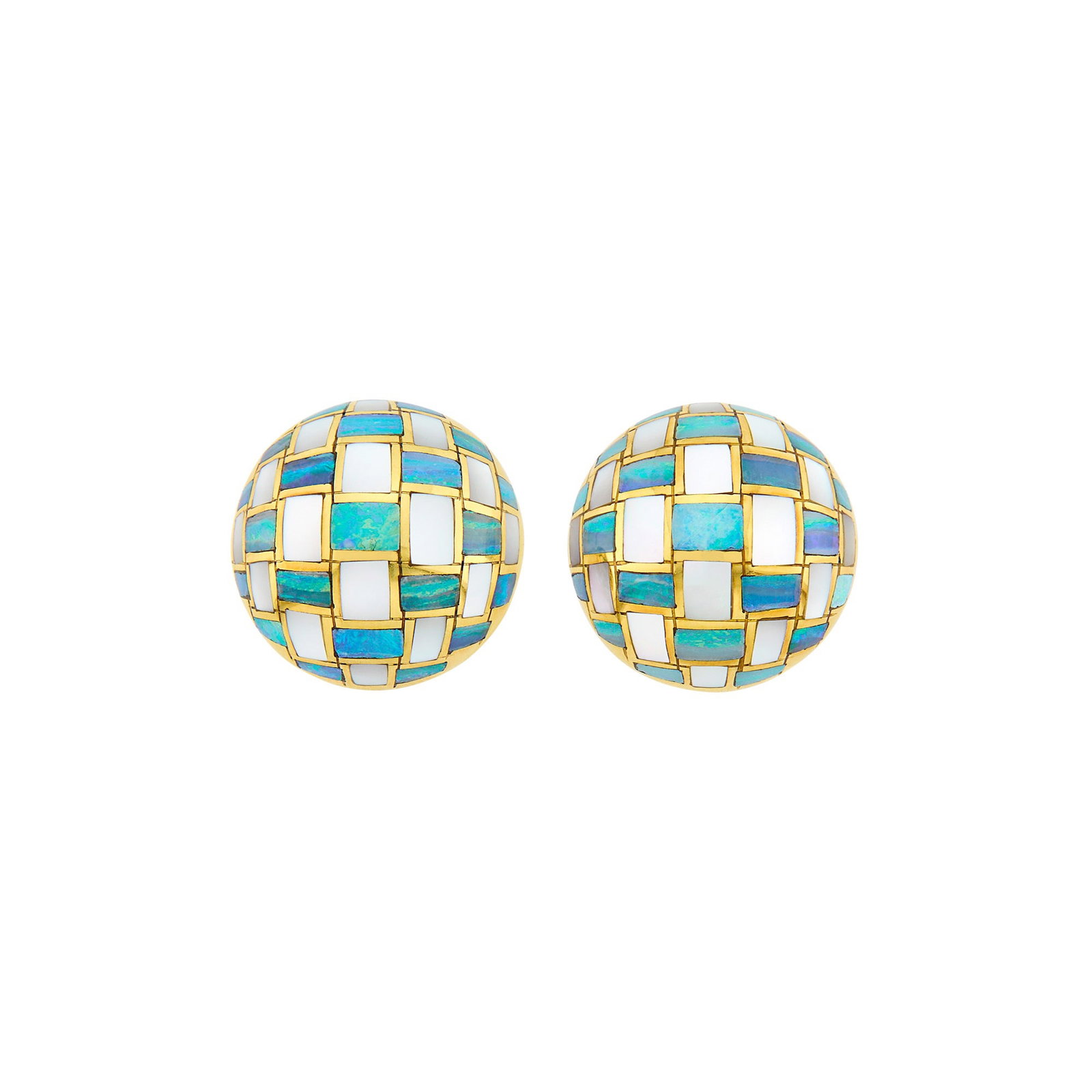 Tiffany & Co. Pair of Gold, Opal and Mother-of-Pearl Checkerboard Earlcips: 18 kt., inlaid rectangular and fancy-shaped opal and mother-of-pearl, signed T & Co., ap. 9 dwts.