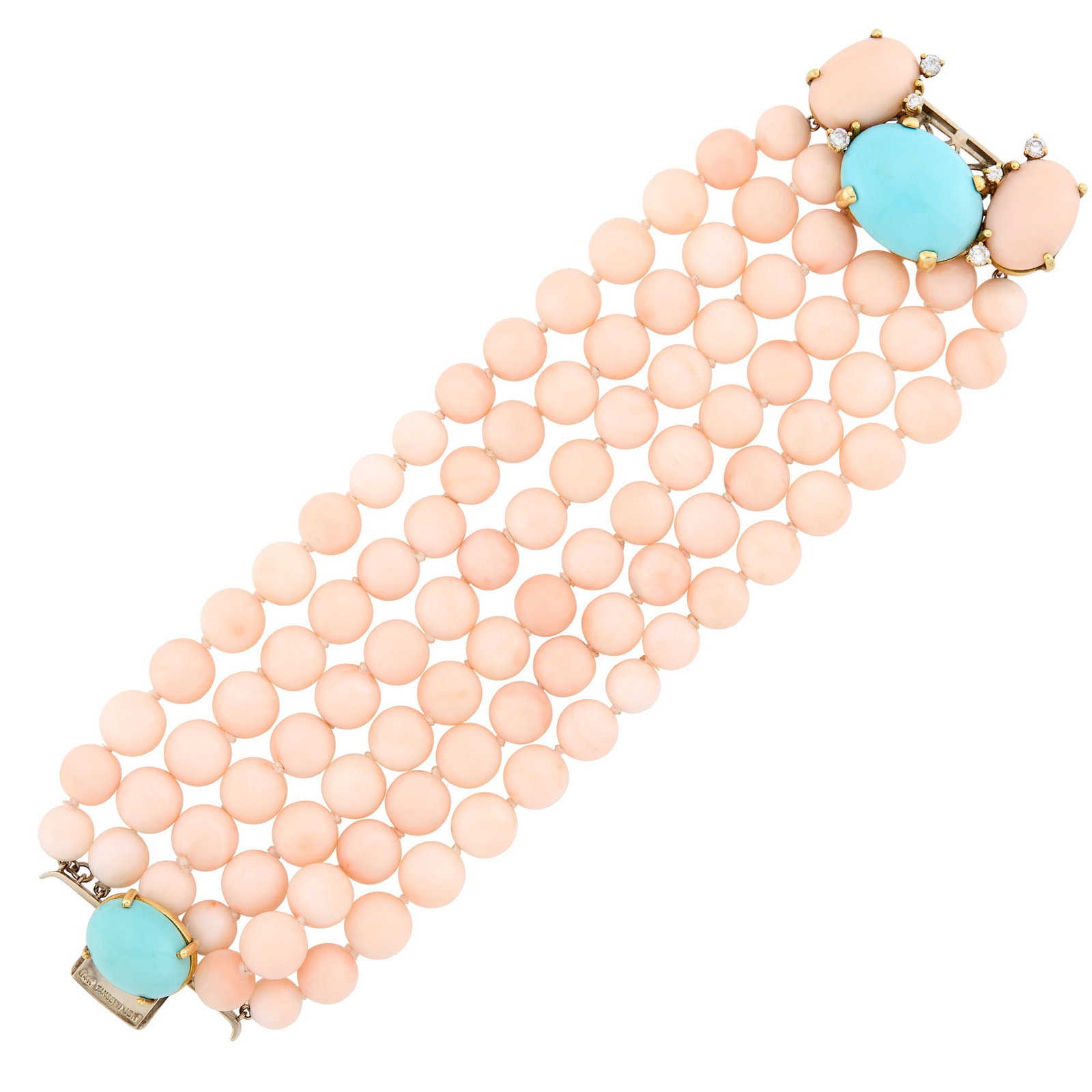 Tambetti Six-Strand Angel Skin Coral Bead, Turquoise and Diamond Bracelet: 14 and 18 kt. yellow and white gold, angel skin coral beads ap. 10.0 to 9.0 mm., 2 oval cabochon turquoise ap. 22.0 x 18.0 x 10.0 and 17.5 x 13.2 x 8.8 mm., 2 oval cabochon angel skin coral ap. 17.8 x