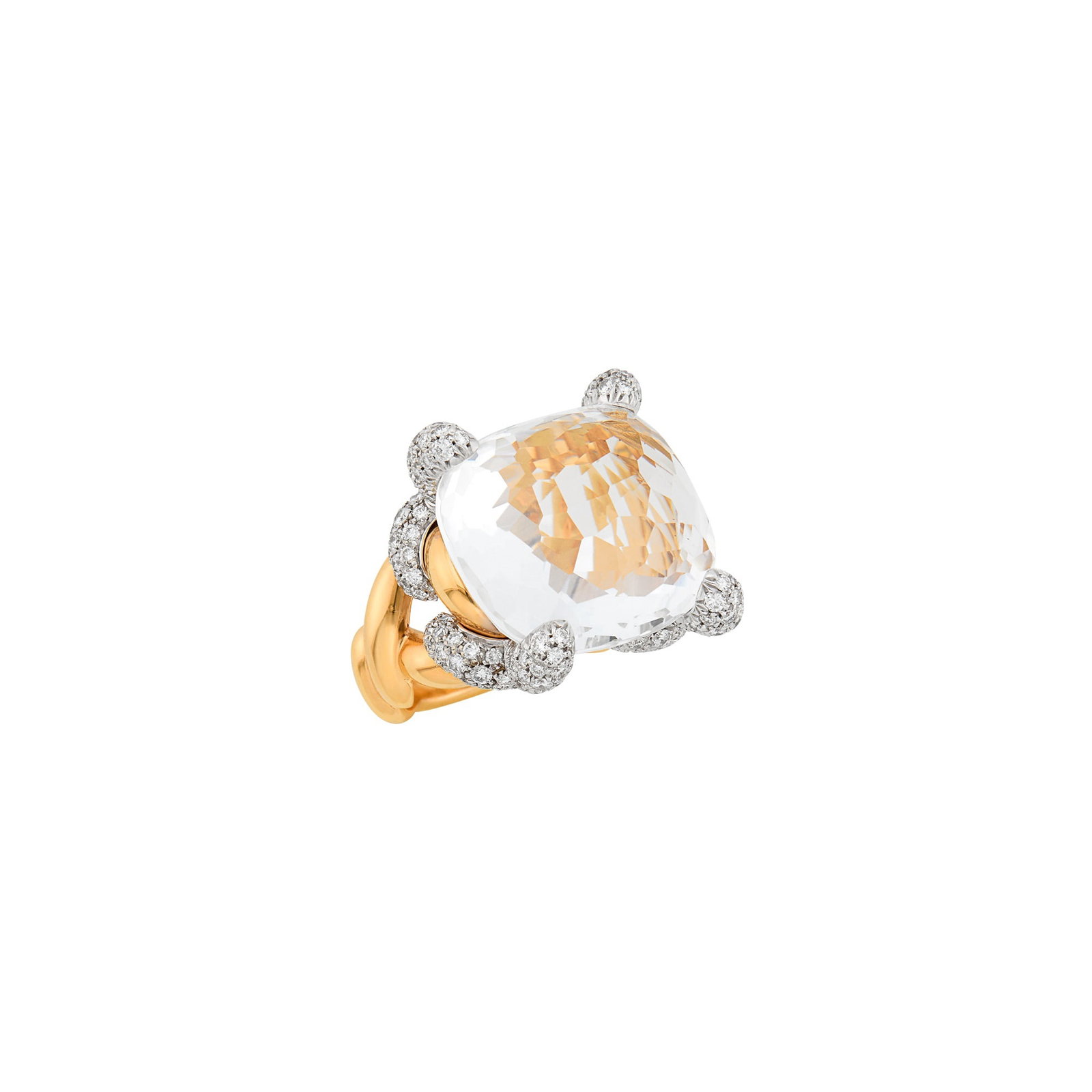 Pomellato Two-Color Gold, Rock Crystal and Diamond 'Tango' Ring: 18 kt. yellow and white gold, one cushion-shaped rose-cut faceted cabochon rock crystal ap. 18.0 x 20.0 x 10.2 mm., 204 round diamonds ap. 3.75 cts., signed Pomellato, no. C110089749, with Italian mar