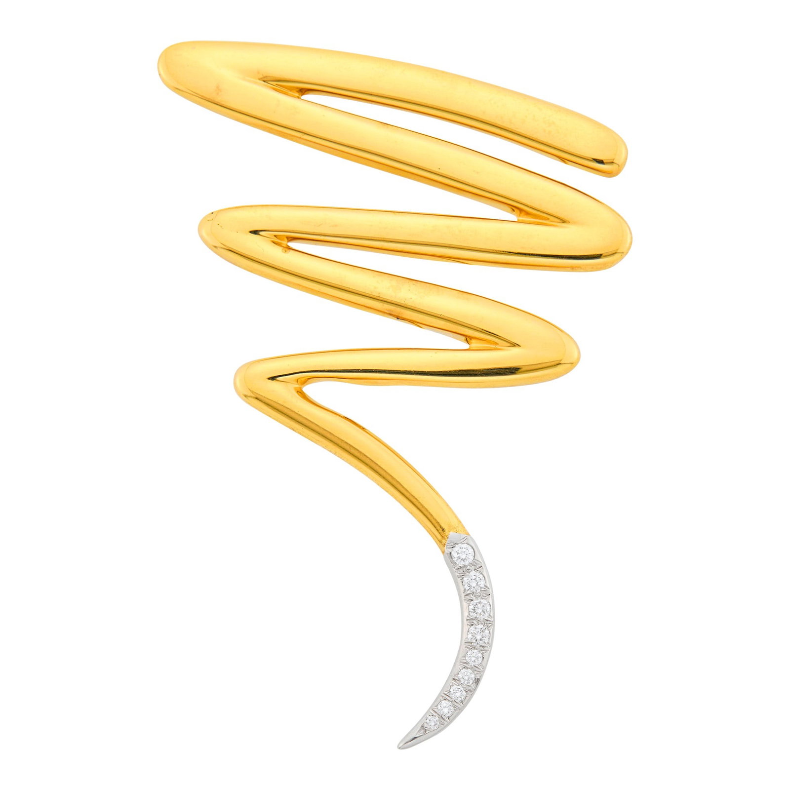 Tiffany & Co., Paloma Picasso Gold, Platinum and Diamond 'Scribble' Brooch: 18 kt., 9 round diamonds ap. .20 ct., signed Tiffany & Co., Paloma Picasso, 1983, ap. 15 dwts.