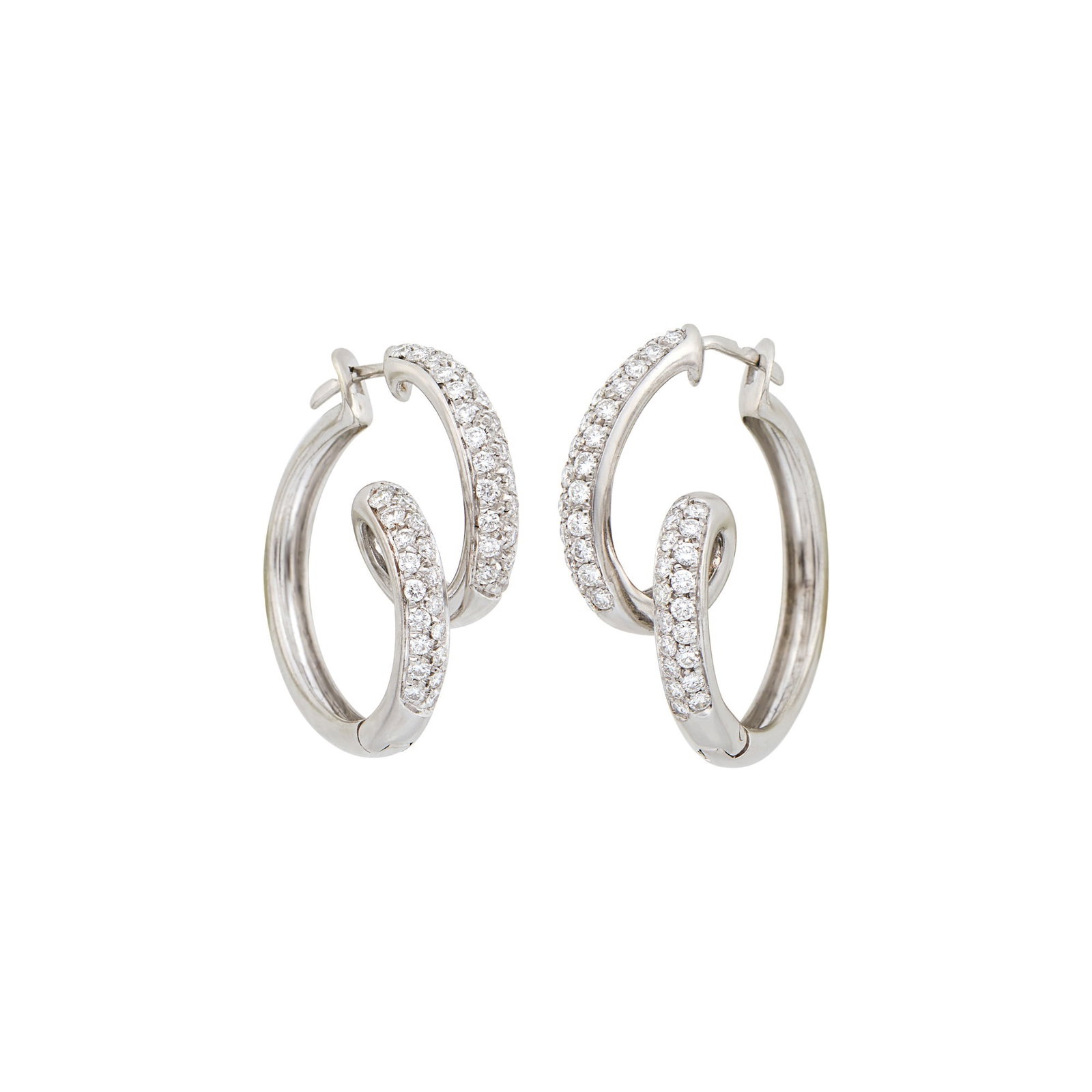 Pair of White Gold and Diamond Hoop Earrings: 18 kt., 88 round diamonds ap. 1.35 cts., ap. 9 dwts.