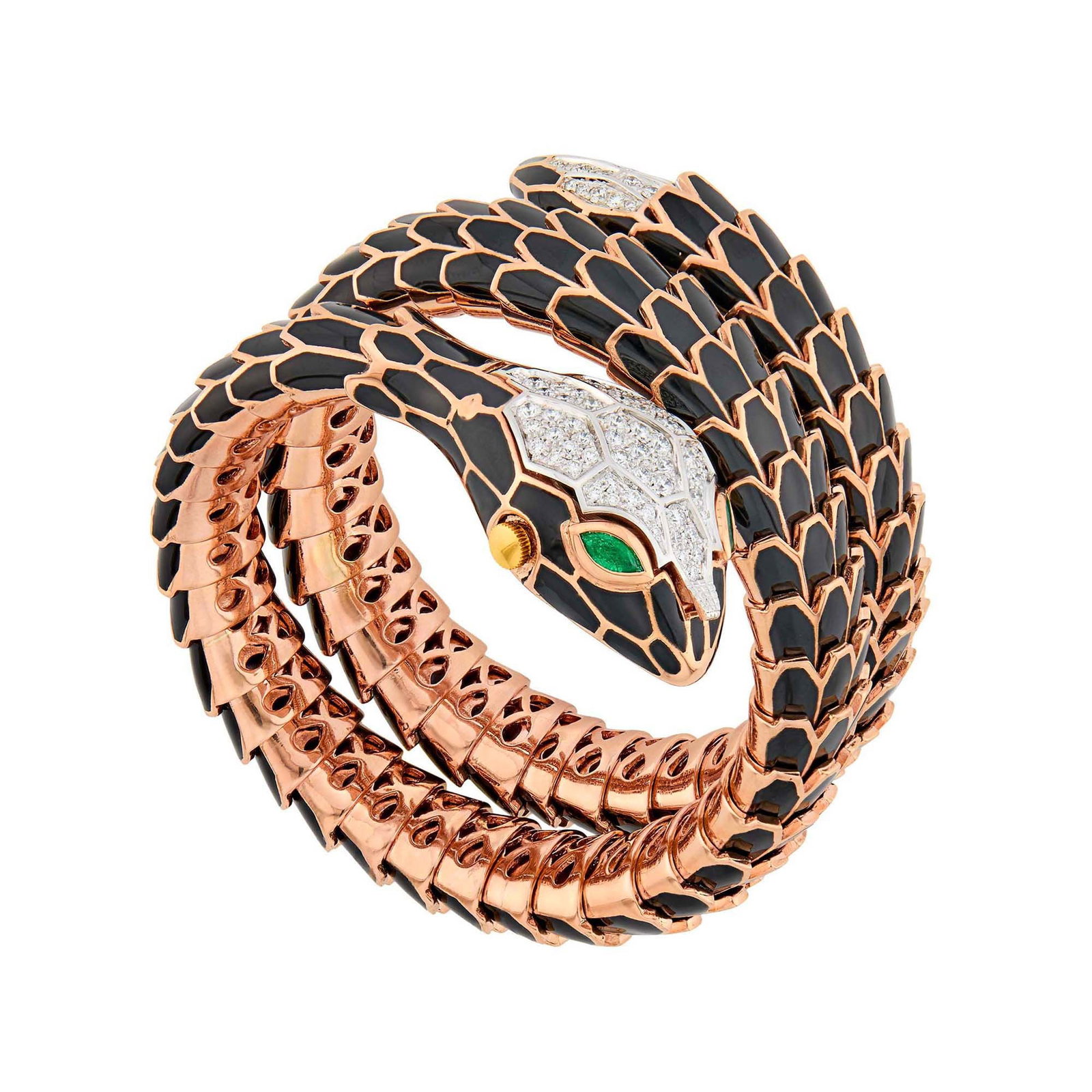 Alexis Rose Gold-Plated Silver, White Gold, Black Enamel, Diamond and Emerald Snake Bracelet-Watch (1 of 1)