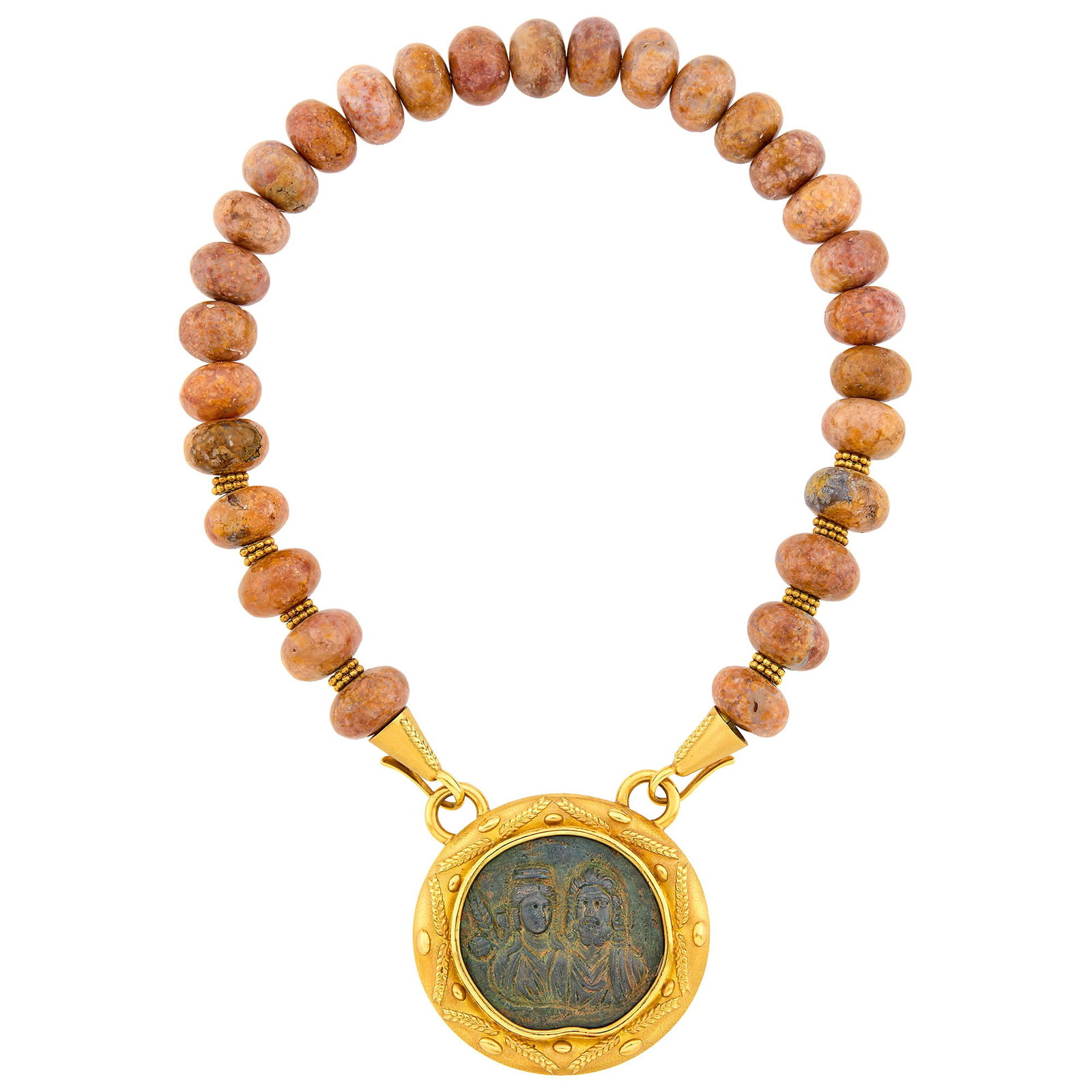 Elizabeth Gage Agate Bead, Gold and Greek Bronze Coin Necklace (1 of 1)