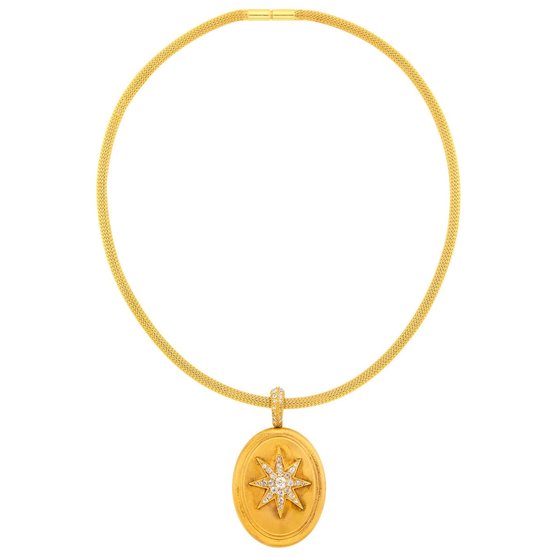 Antique Gold and Diamond Star Locket with Chain Necklace: Braided tubular necklace, 25 old-mine cut diamonds ap. 1.20 cts., 32 old-mine and single-cut and round diamonds ap. .65 ct., interior with photographs and glazed covers, detachable, bail and chain add
