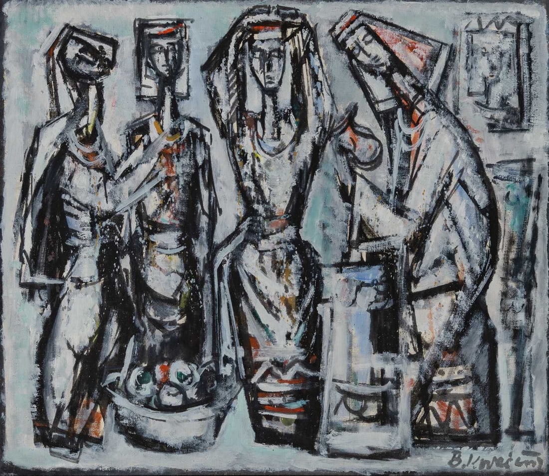 Branko Kovacevic: Croatian, 1911-1988 Market Scene (Four Figures) Signed B. Kovacevic (lr) Oil on canvas 27 x 31 1/4 inches (68.6 x 79.4 cm) Frame 29 1/4 x 33 1/4 inches