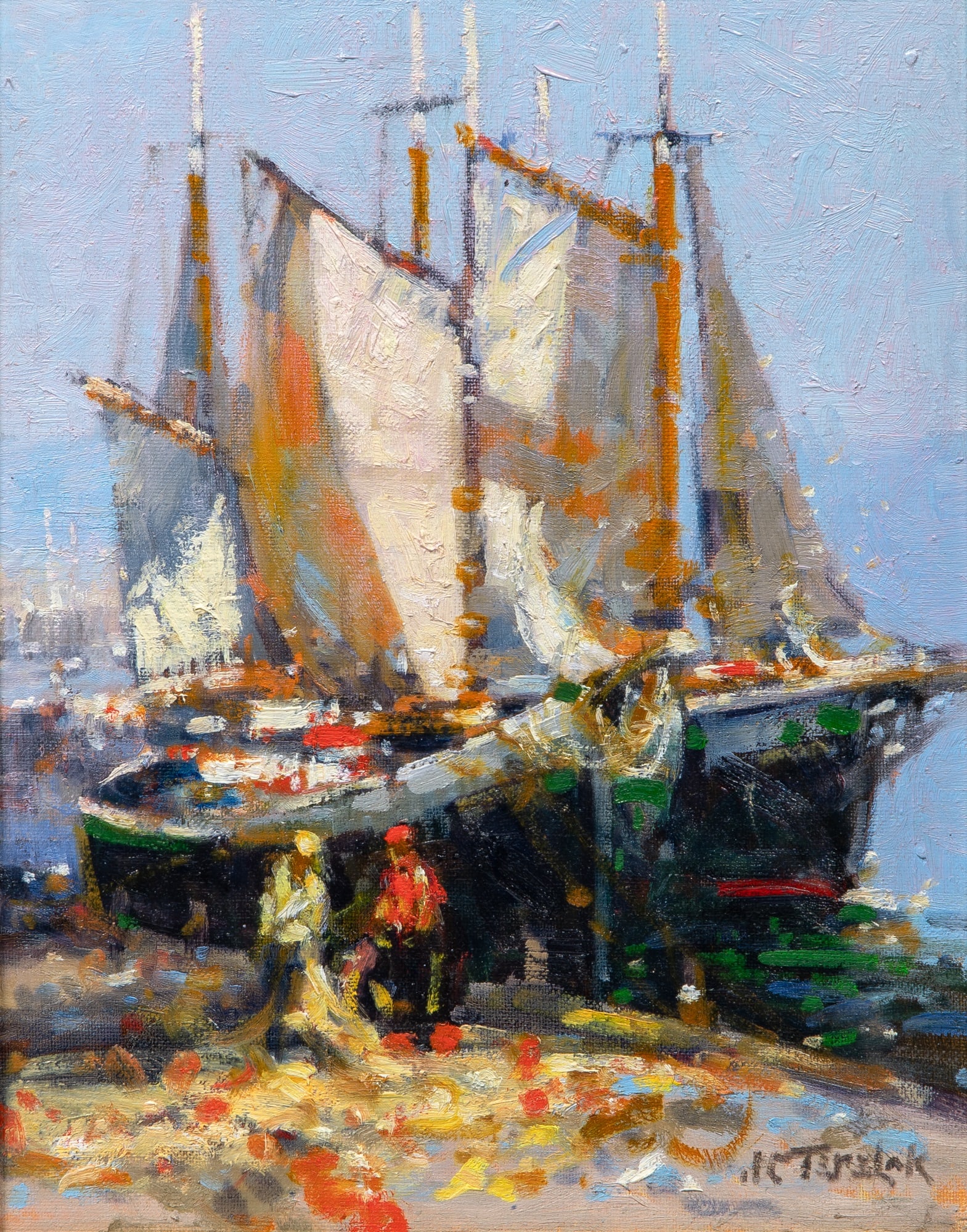 John Charles Terelak: American, b. 1942 Mending the Nets, 2008 Signed JC Terelak (lr) Oil on canvas board 14 x 11 inches (35.6 x 27.9 cm) (Frame 20 1/2 x 17 1/2 inches) In overall good condition.