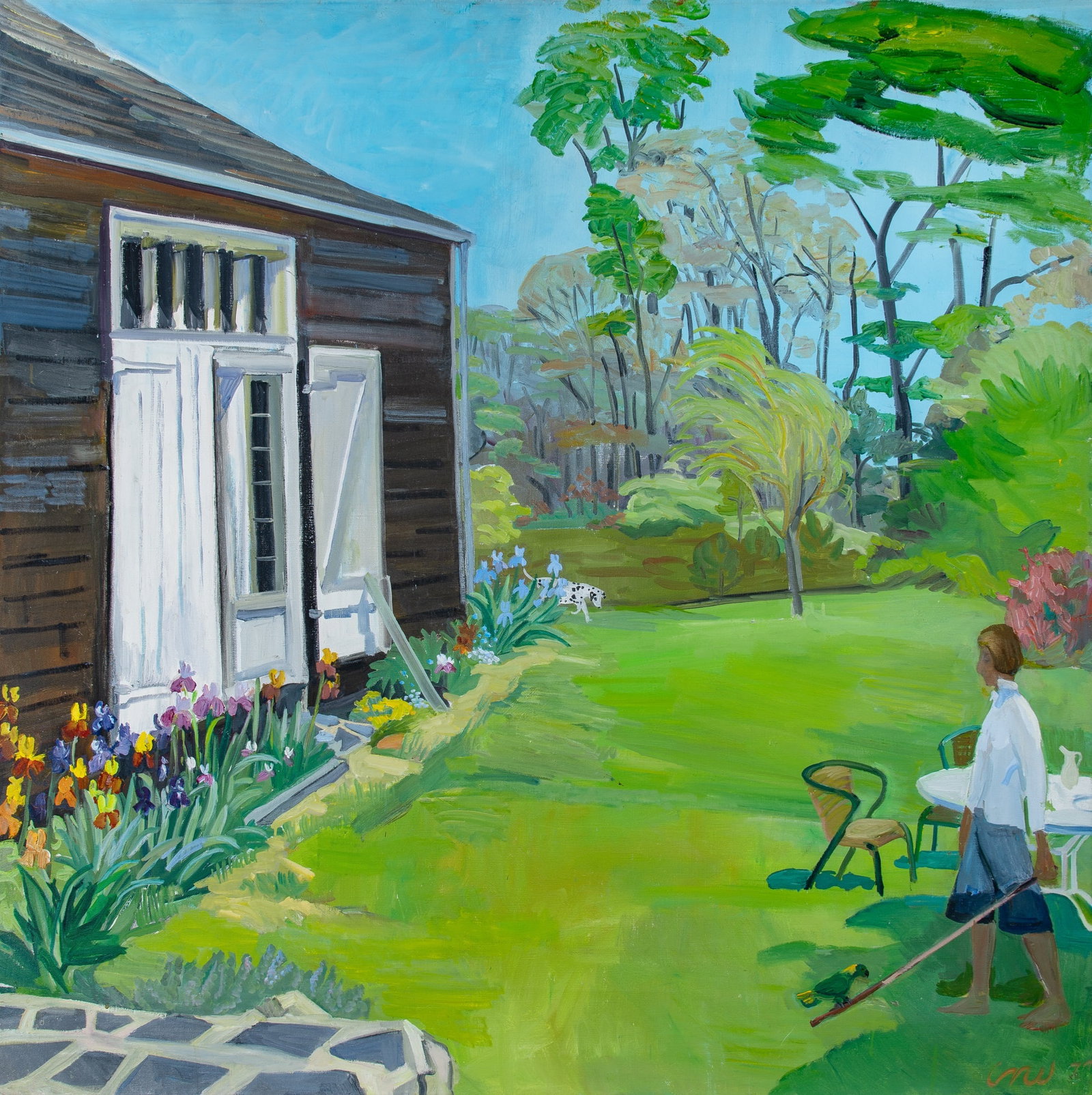 Una (McCann) Wilkinson: American, 1913-2013 In the Garden, 1977 Signed and dated UW 77 (lr); inscribed Una Wilkinson on the stretcher overlap Oil on canvas 52 1/4 x 52 1/4 inches (132.7 x 132.7 cm) (Frame 53 x 53 inches)
