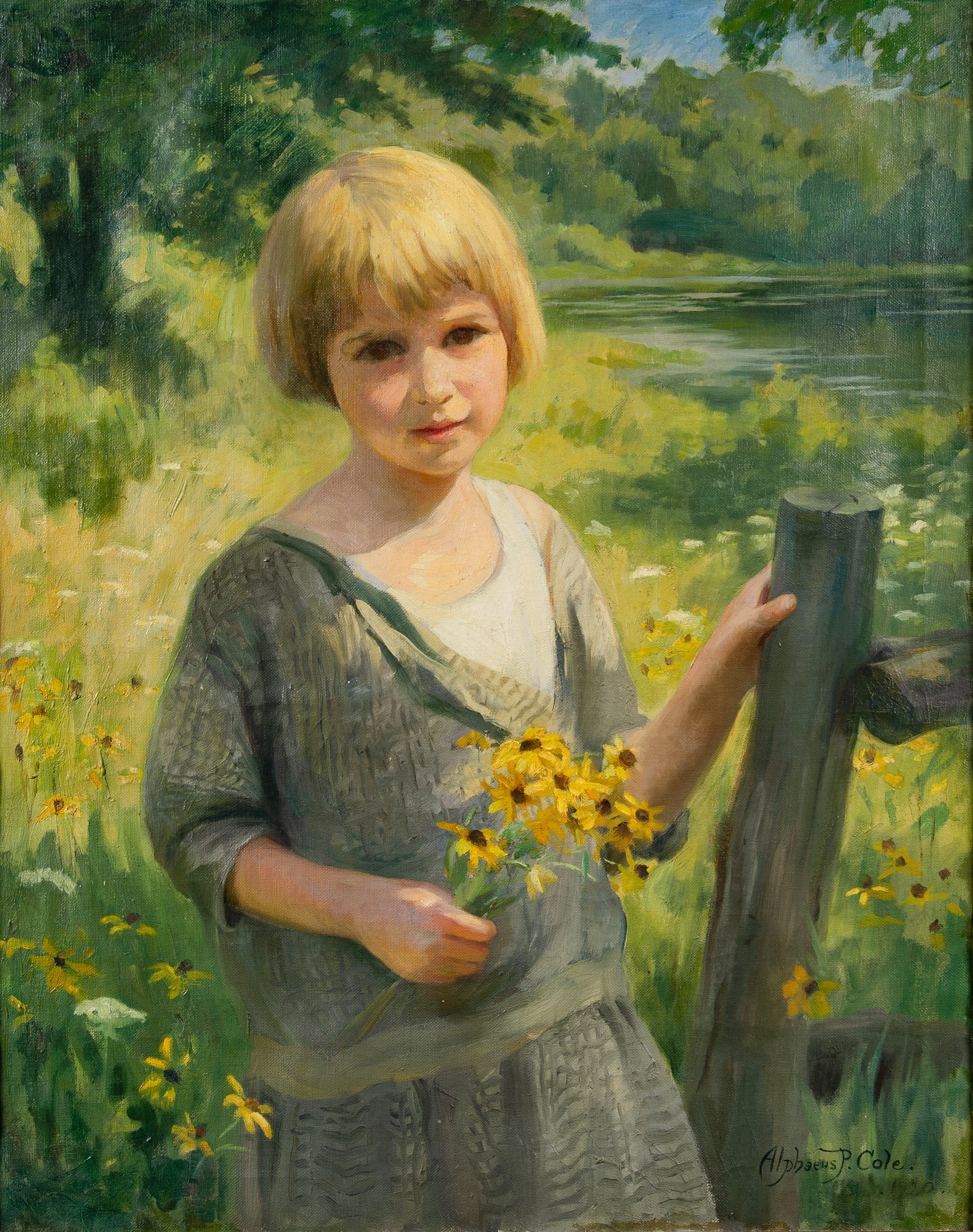 Alphaeus Cole: American, 1876-1988 Flower Picking, 1920 Signed Alphaeus P. Cole and dated 1920 (lr) Oil on canvas 30 x 24 inches (76.2 x 61 cm) (Frame 35 x 28 1/2 inches) Minor canvas slack and frame rubbing. Few